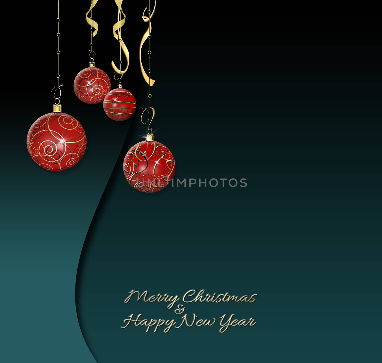 Elegant luxury Xmas red baubles with gold decoration on green background. Next Merry Christmas Happy New year. For card, invitation, header print and web design. Copy space. 3D illustration