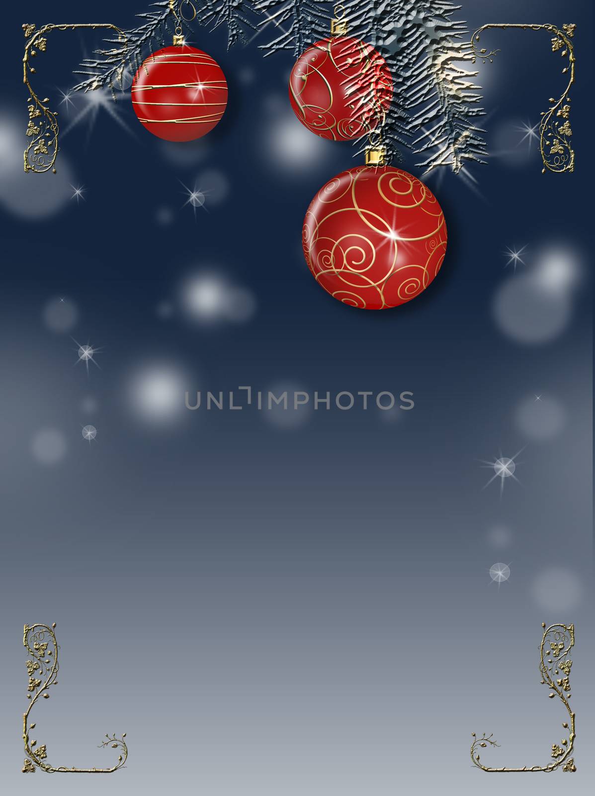 Beautiful red shiny Christmas border of baubles balls hanging on white fir branches on bokeh blue background. 3D illustration