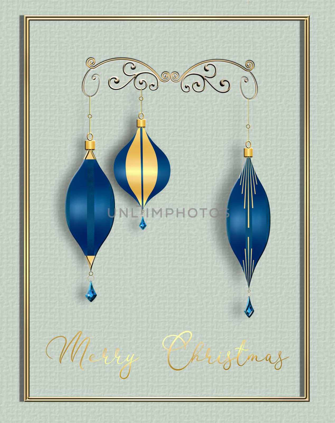 Elegant luxury Christmas design with hanging blue gold baubles and text Merry Christmas on pastel green background. Xmas Card, flyer, header. Copy space. 3D illustration