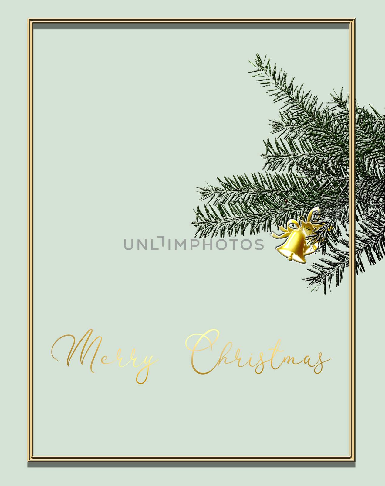 Minimalist Christmas design with gold bell and fir branches on pastel green background. Gold text Merry Christmas. 3D illustration