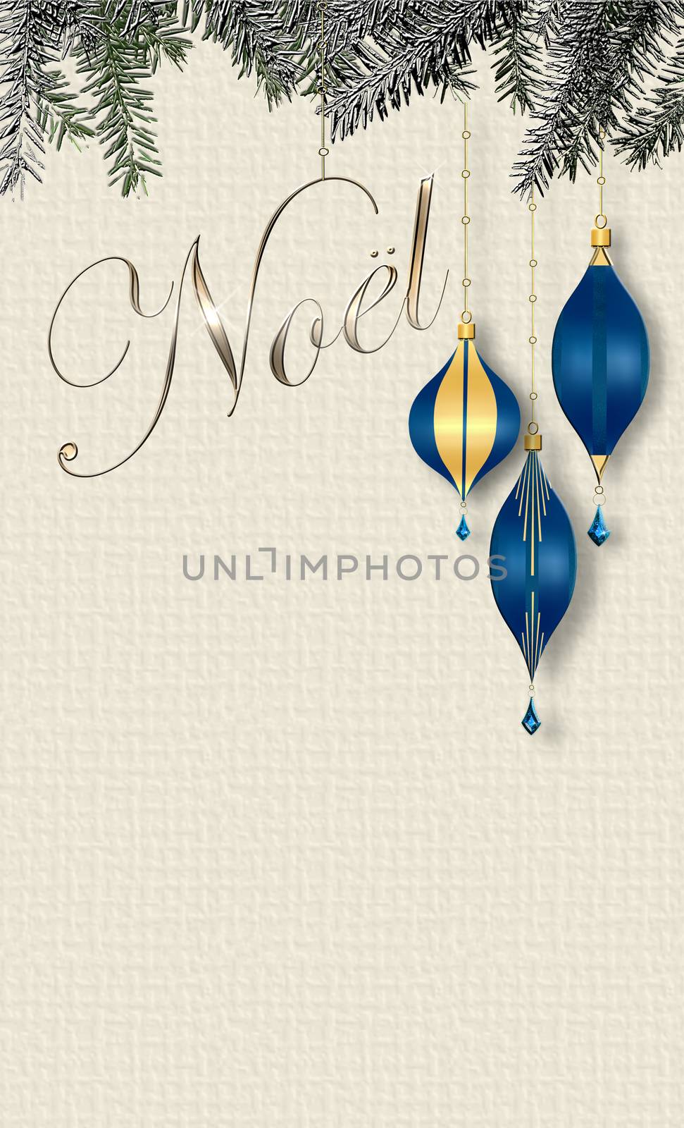 French Noel. Elegant Christmas greeting card, design of blue gold xmas baubles with hanging gold word Noel. Creative design greeting card, banner, poster, realistic 3D illustration