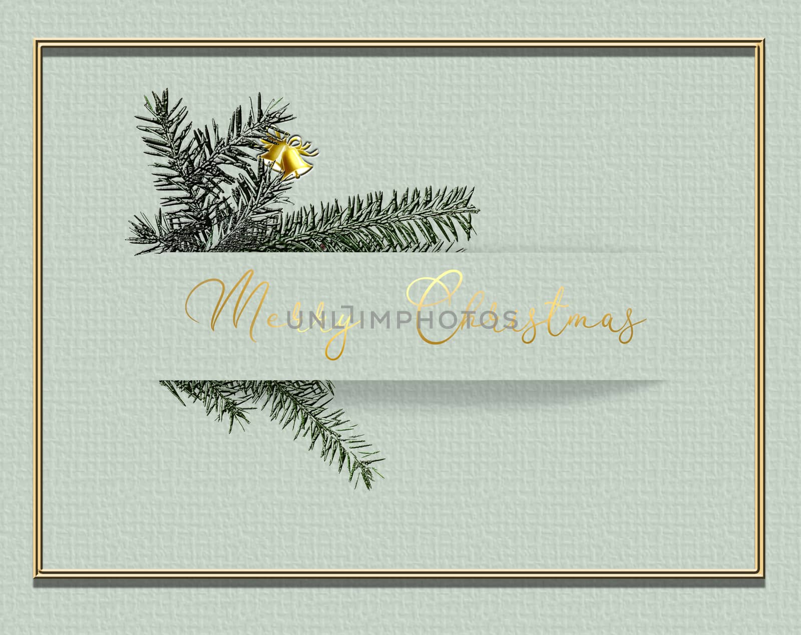Beautiful minimalist Christmas 2021 New Year card in pastel green design with fir branches and gold bell in the border of paper stripe. Text Merry Christmas. 3D illustration