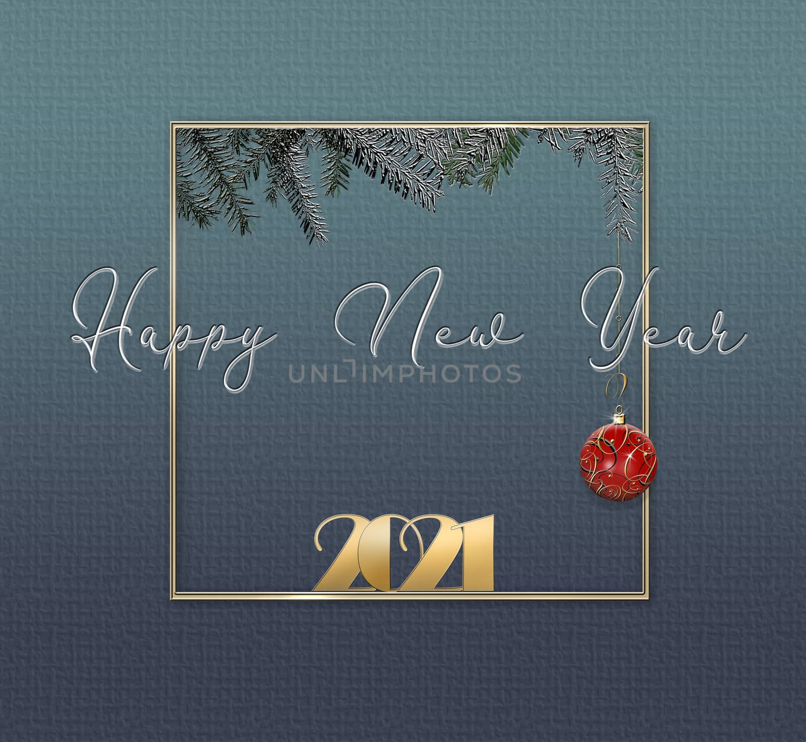 Elegant holiday 2021 New Year party invitation with gold digit 2021, red bauble on blue background with Christmas fir branches. Text Happy New Year. 3D illustration. Place for text. Copy space