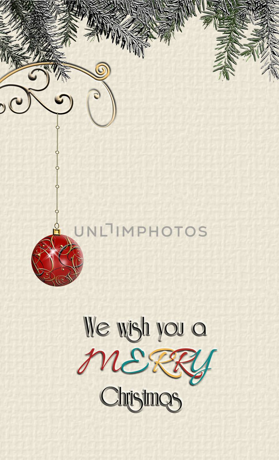 Minimalist Christmas wishes card with text We Wish You a Merry Christmas with hanging red gold bauble on pastel background. Festive minimalist background. 3D illustration