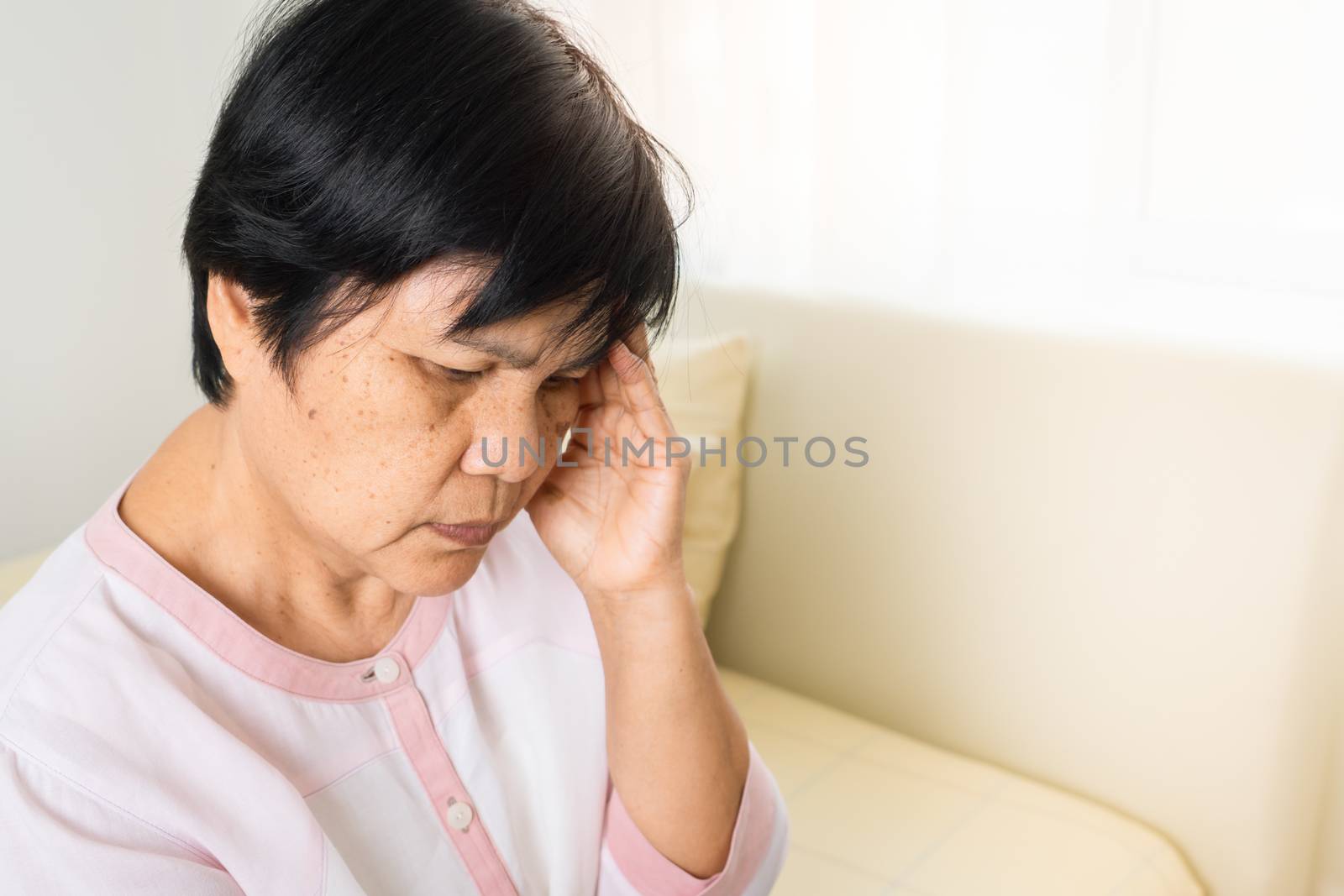 headache, stress, migraine of old woman, healthcare problem of senior concept