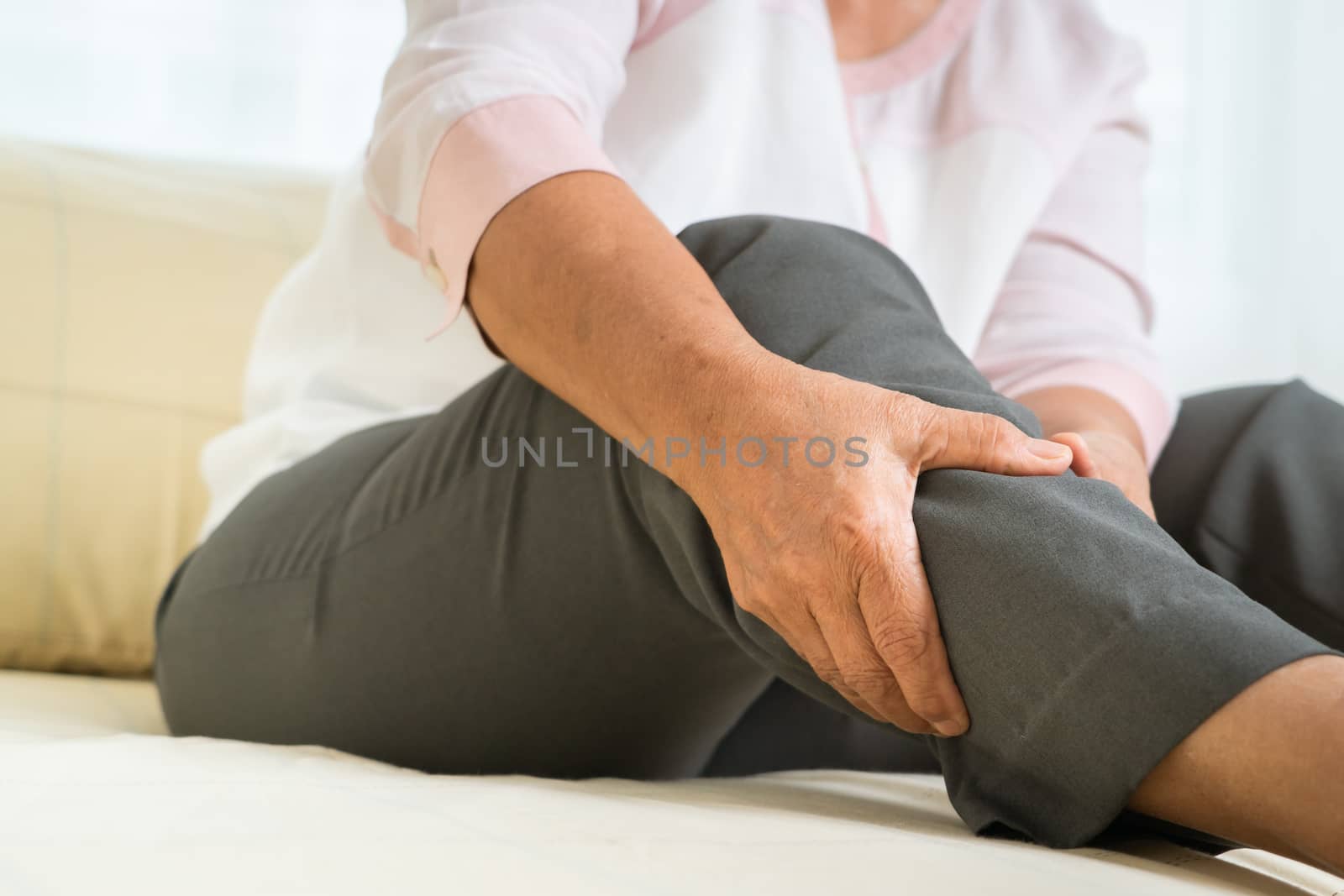 leg pain of senior woman at home, healthcare problem of senior concept