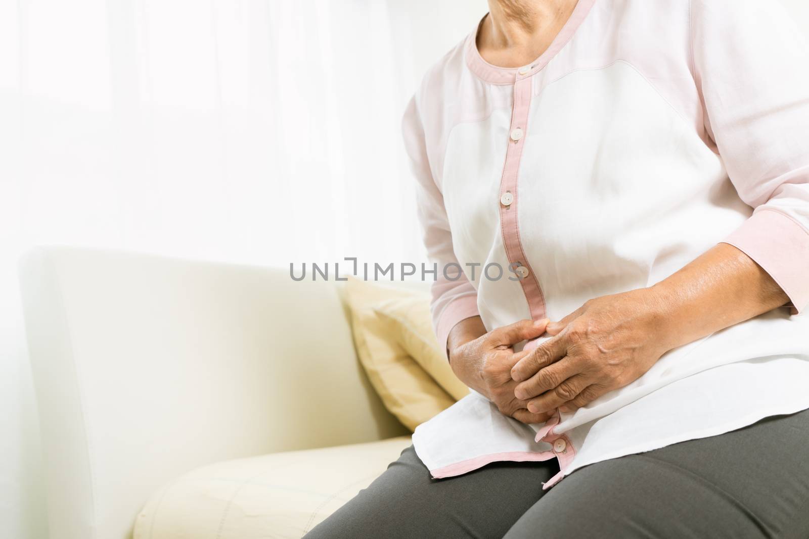 stomach pain of old woman at home, healthcare problem of senior concept