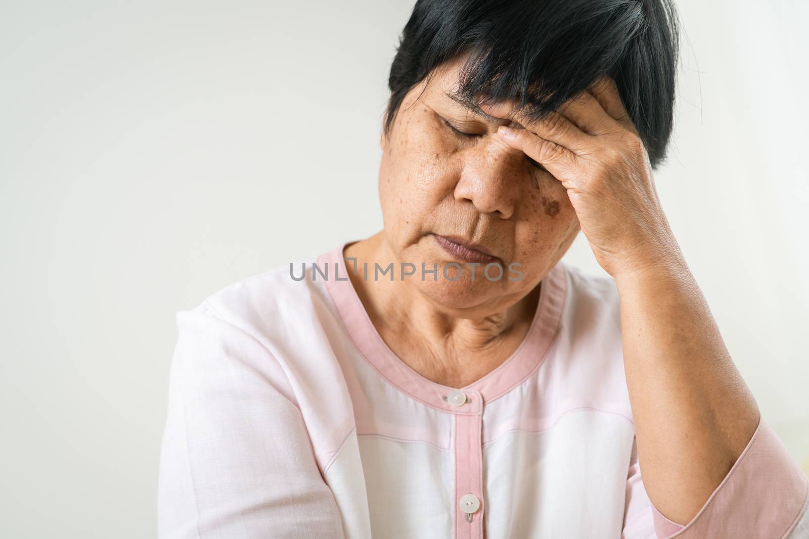 headache, stress, migraine of old woman, healthcare problem of senior concept