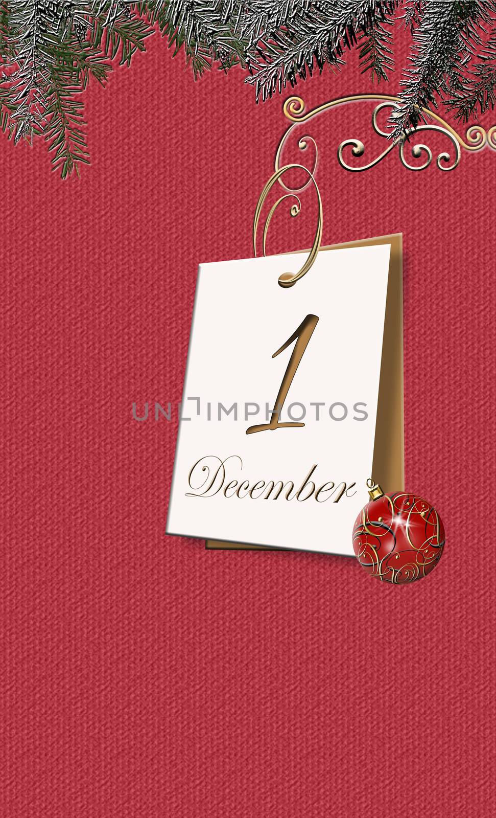 Minimalist festive Christmas gift tag hanging on fir branches with red bauble and text 1 December on red background. Vertical christmas poster, greeting card, header, website, 3D illustration