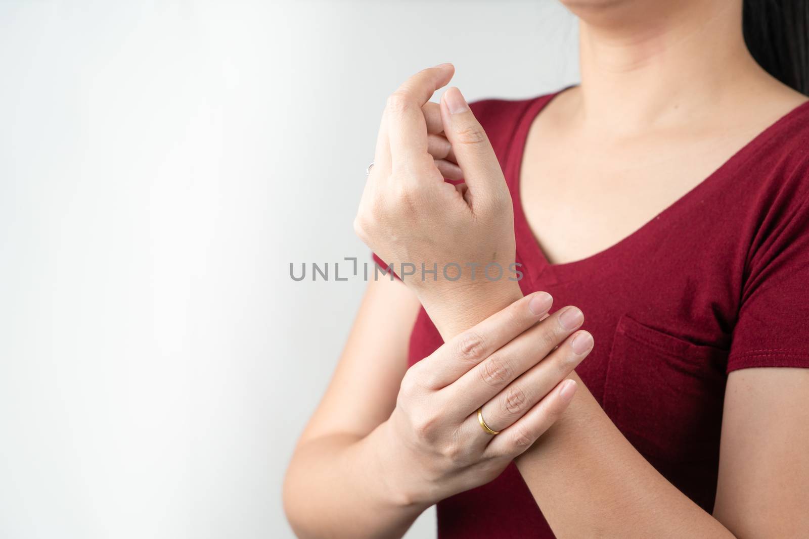 wrist arm pain, office syndrome of young woman, healthcare and medicine concept