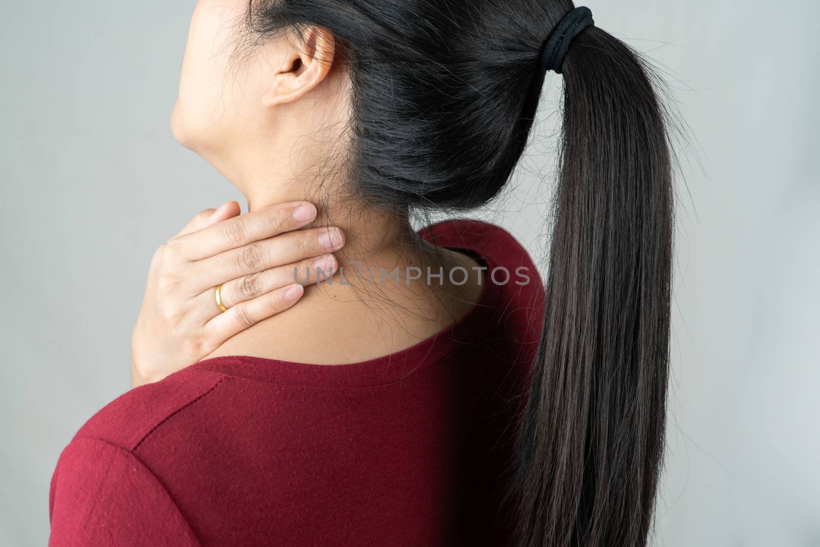 neck and shoulder pain, young women injury, healthcare and medical concept