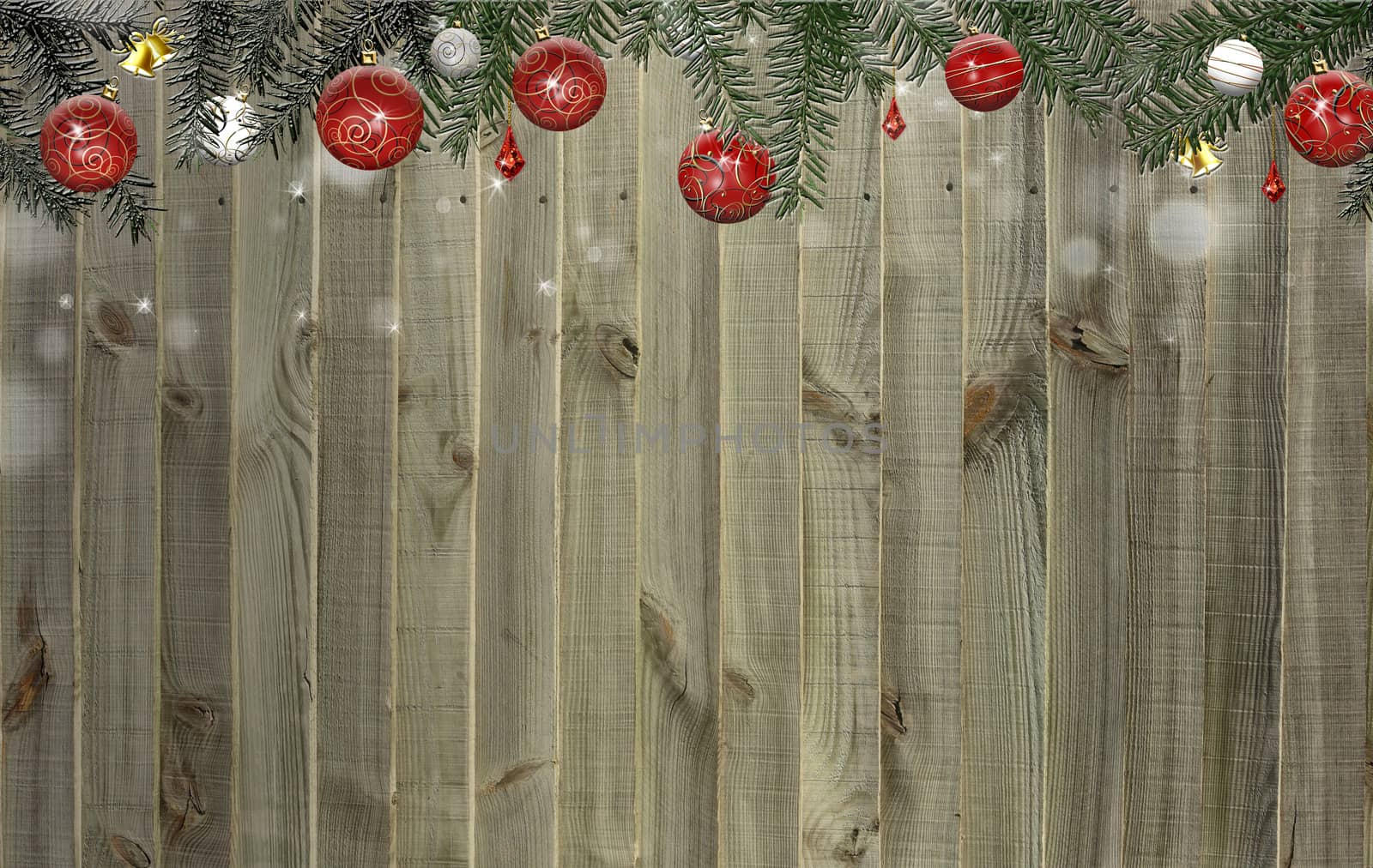 Christmas fir twigs ornamented with red baubles against wooden background by NelliPolk