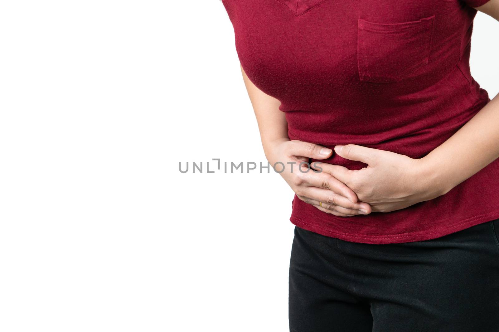 stomachache, young woman suffering from abdominal pain feeling symptom of pms on white background