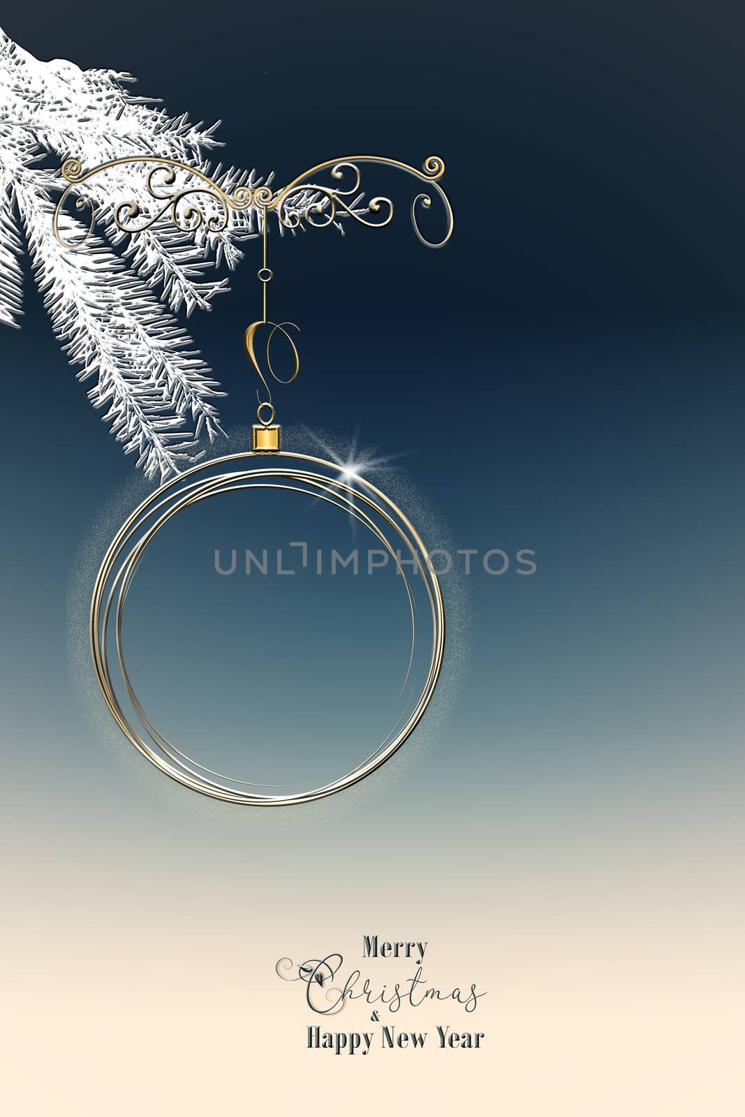Gold shiny Christmas ball with fir brunch on blue background. Text Merry Christmas Happy New Year. 3D illustration