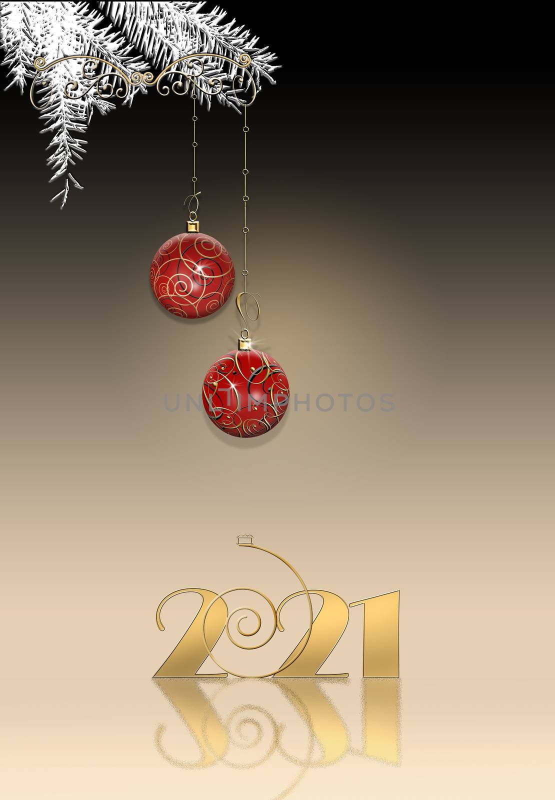 Luxury elegant Christmas 2021 New Year ornament with red gold bauble with gold confetti, digit 2021 on black background. Vertical 2021 New Year card. Place for text, copy space. 3D Illustration.