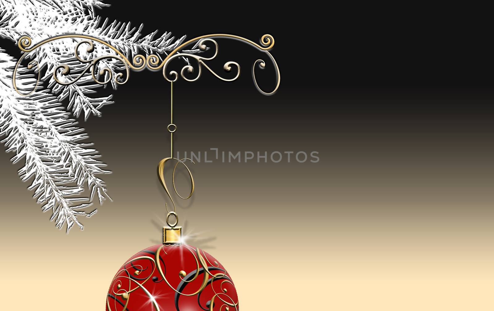 Luxury elegant Christmas 2021 New Year ornament with red gold bauble on black background. Minimalist New Year card, festive menu, greeting, invitation. Place for text, copy space. 3D Illustration.