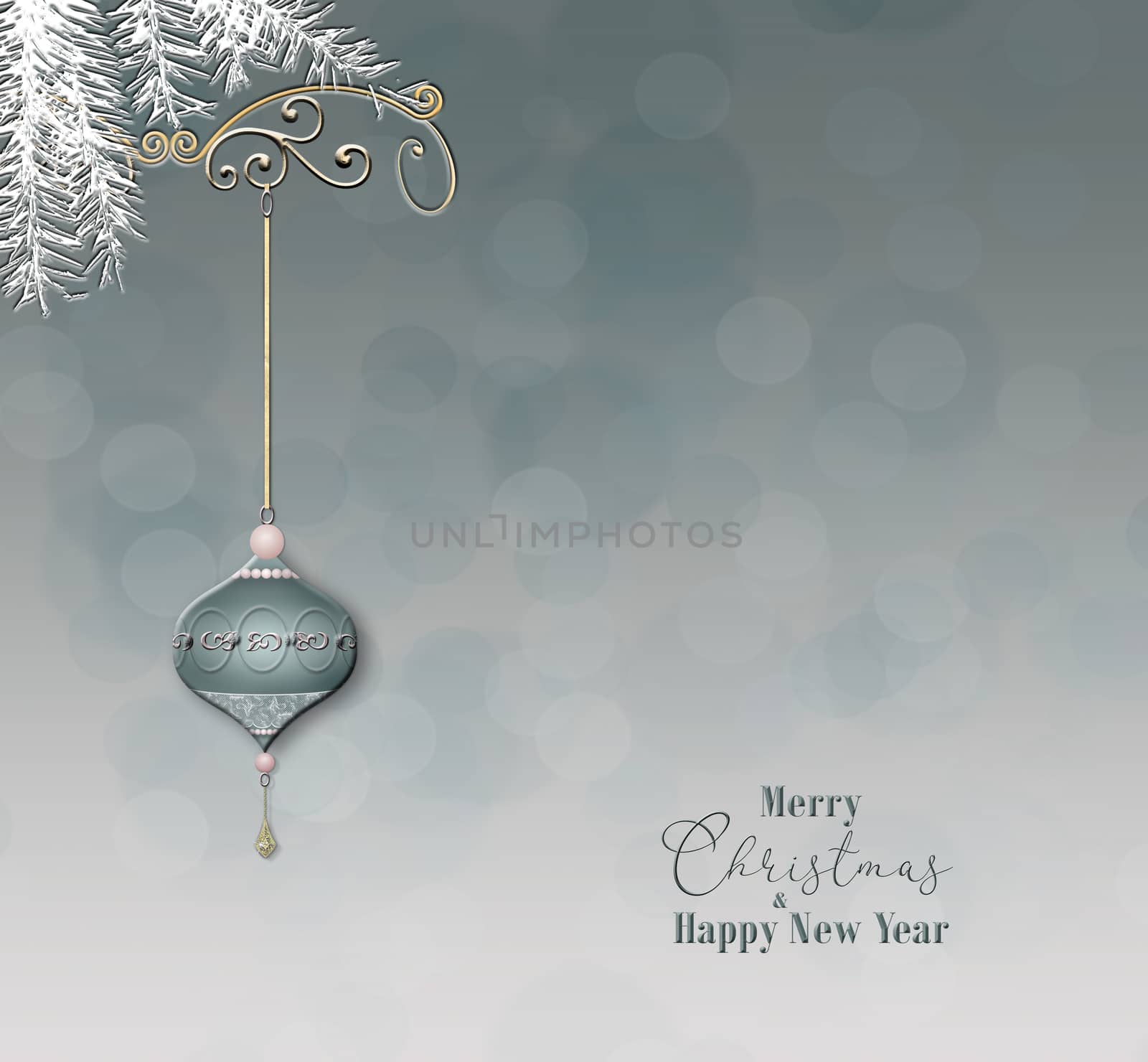 Luxury elegant Christmas 2021 New Year ornament with green gold bauble on pastel background with bokeh. Minimalist New Year card. Place for text, copy space. 3D Illustration.