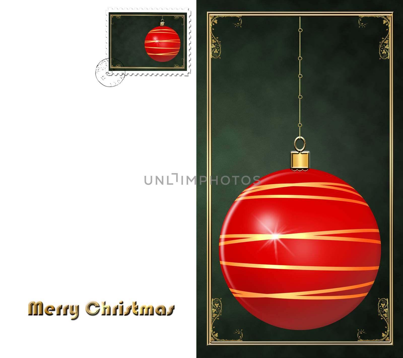 Vintage style post card. Red retro Christmas ball, gold decoration on grunge green background with gold frame. Stamp on white background. Text Merry Christmas. Place for text, mock up. 3D illustration