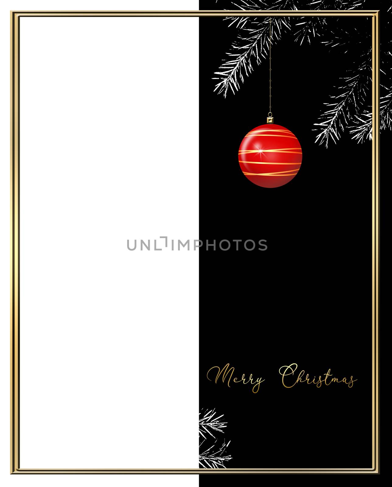 Christmas New Year card with hanging red ball bauble with gold decoration on black and white background of Christmas tree branches. 3D illustration. Place for text, mock up