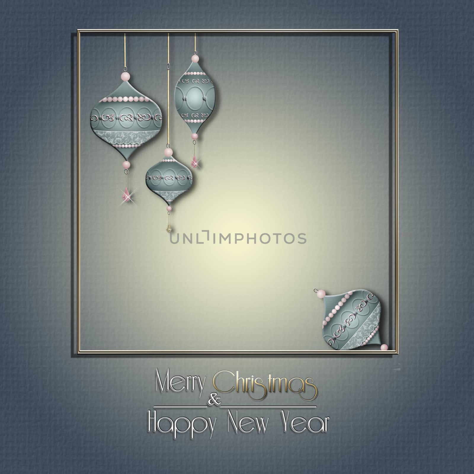 Elegant Christmas background with hanging blue balls baubles with gold ornament on pastel background. Text Merry Christmas Happy New Year. Copy space, mock up. 3D illustration