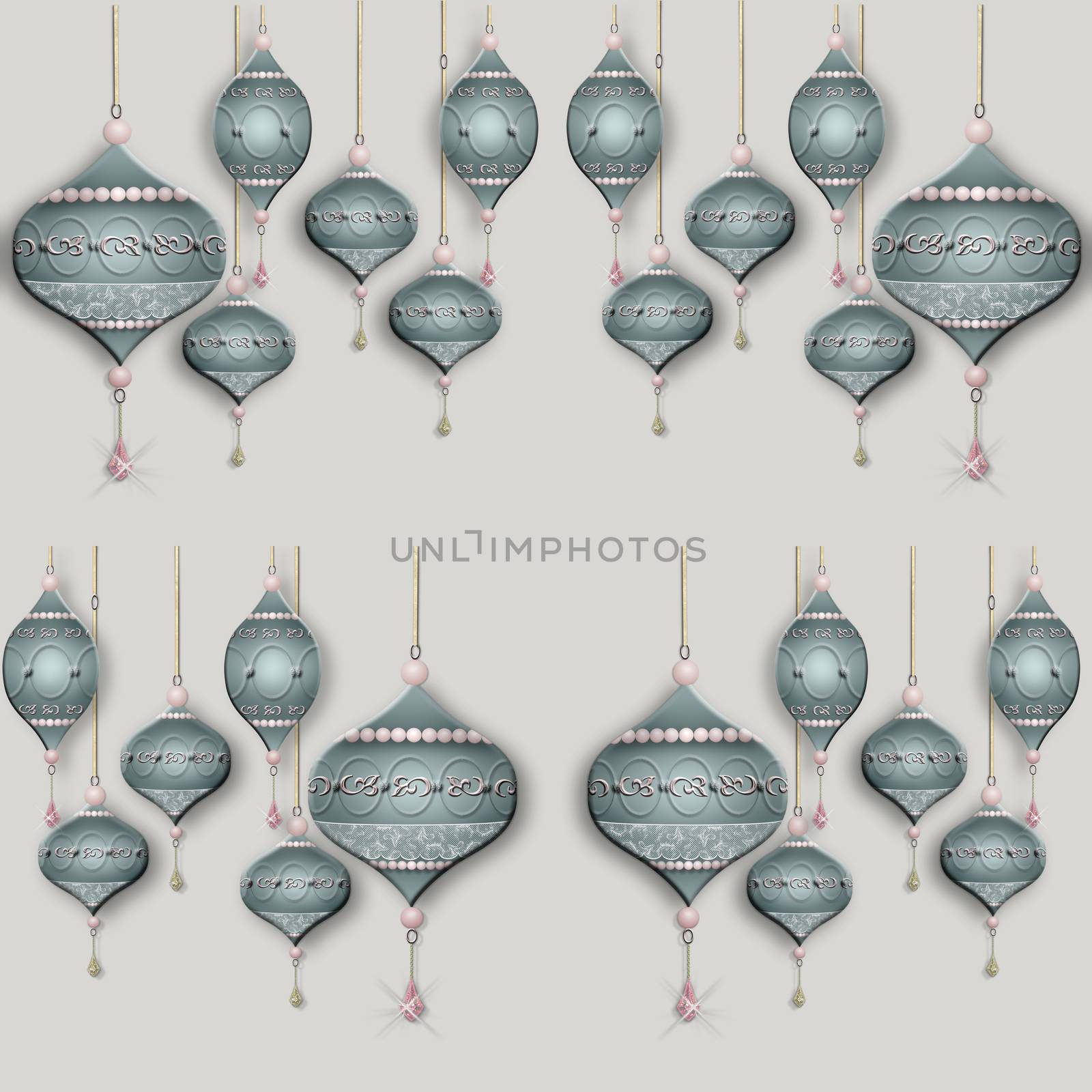 Christmas seamless pattern made of luxury Christmas baubles lanterns on pastel grey background. 3D illustration