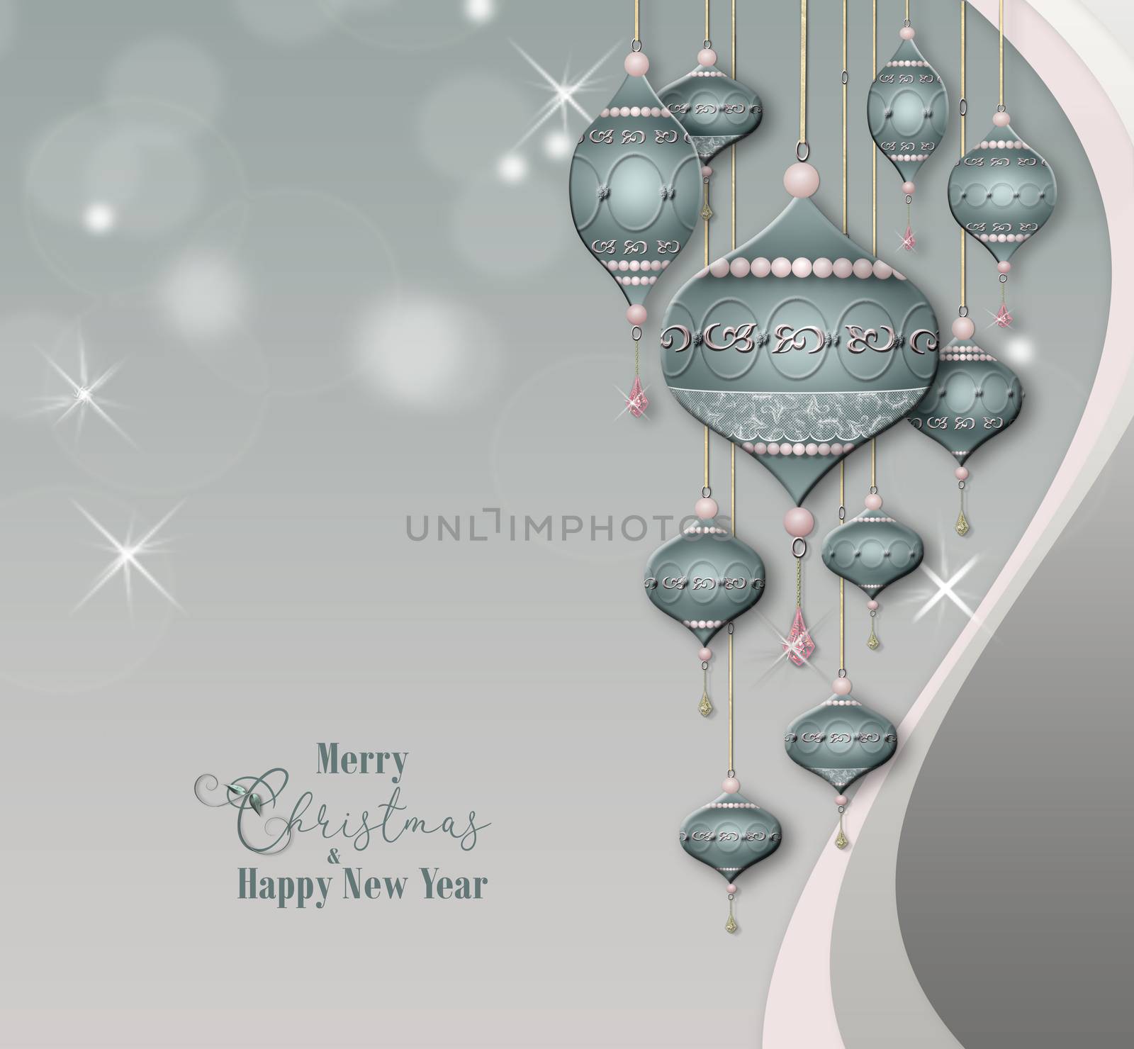 Beautiful Christmas baubles balls with jewelry decoration on pastel grey background with bokeh. Text Merry Christmas Happy New Year. 3D illustration