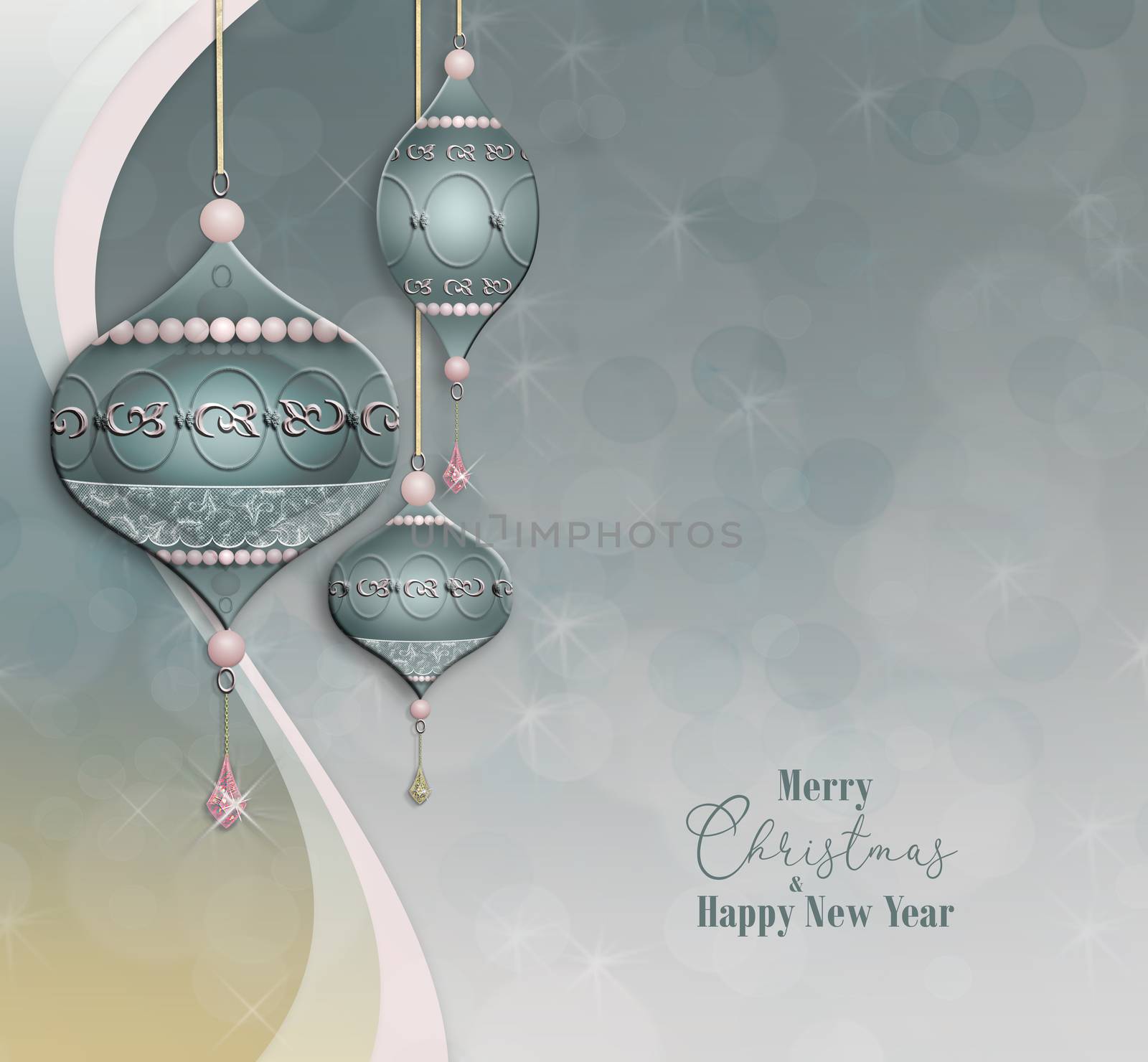 Beautiful Christmas baubles balls with jewelry decoration on pastel green grey pink background with bokeh. Text Merry Christmas Happy New Year. 3D illustration