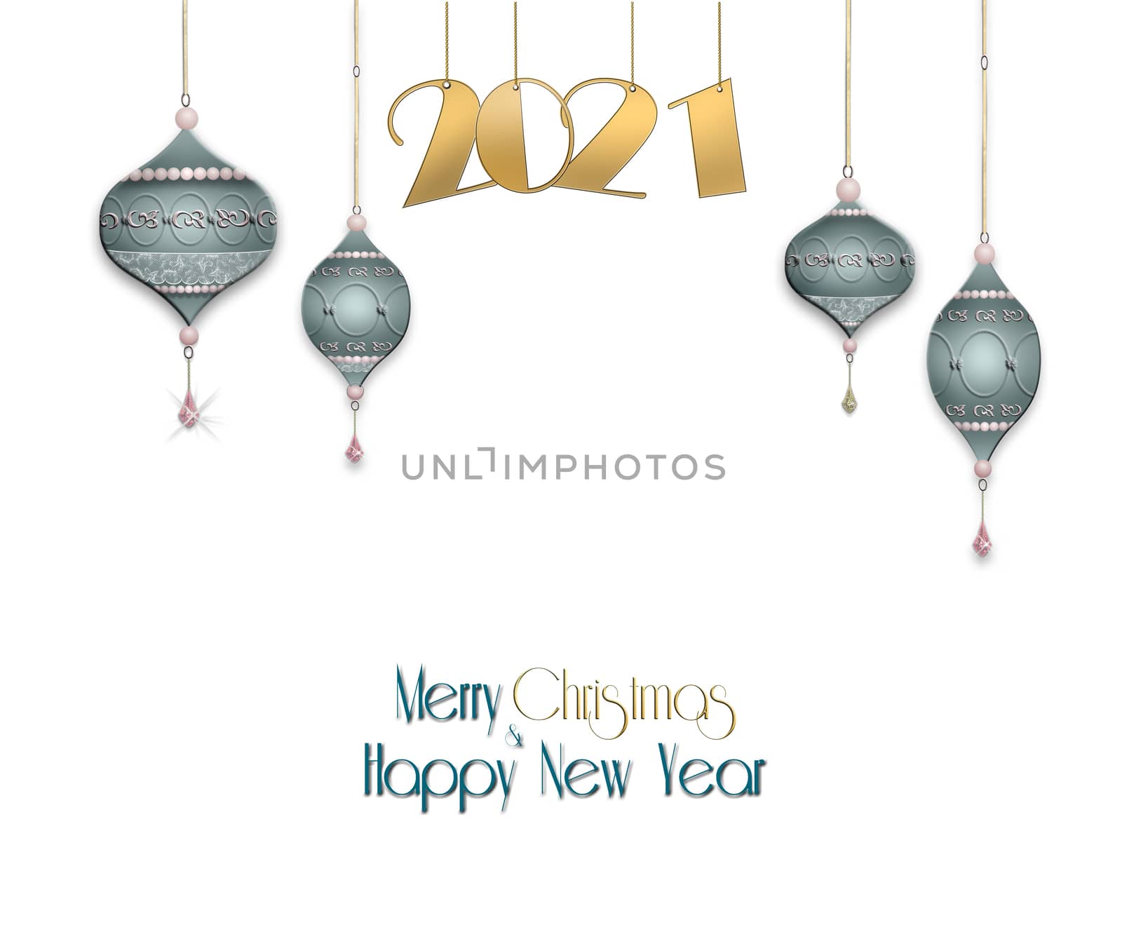 New Year, Christmas background with hanging blue balls with gold ornament and hanging gold digit 2021 on pastel green background. Copy space. 3D illustration