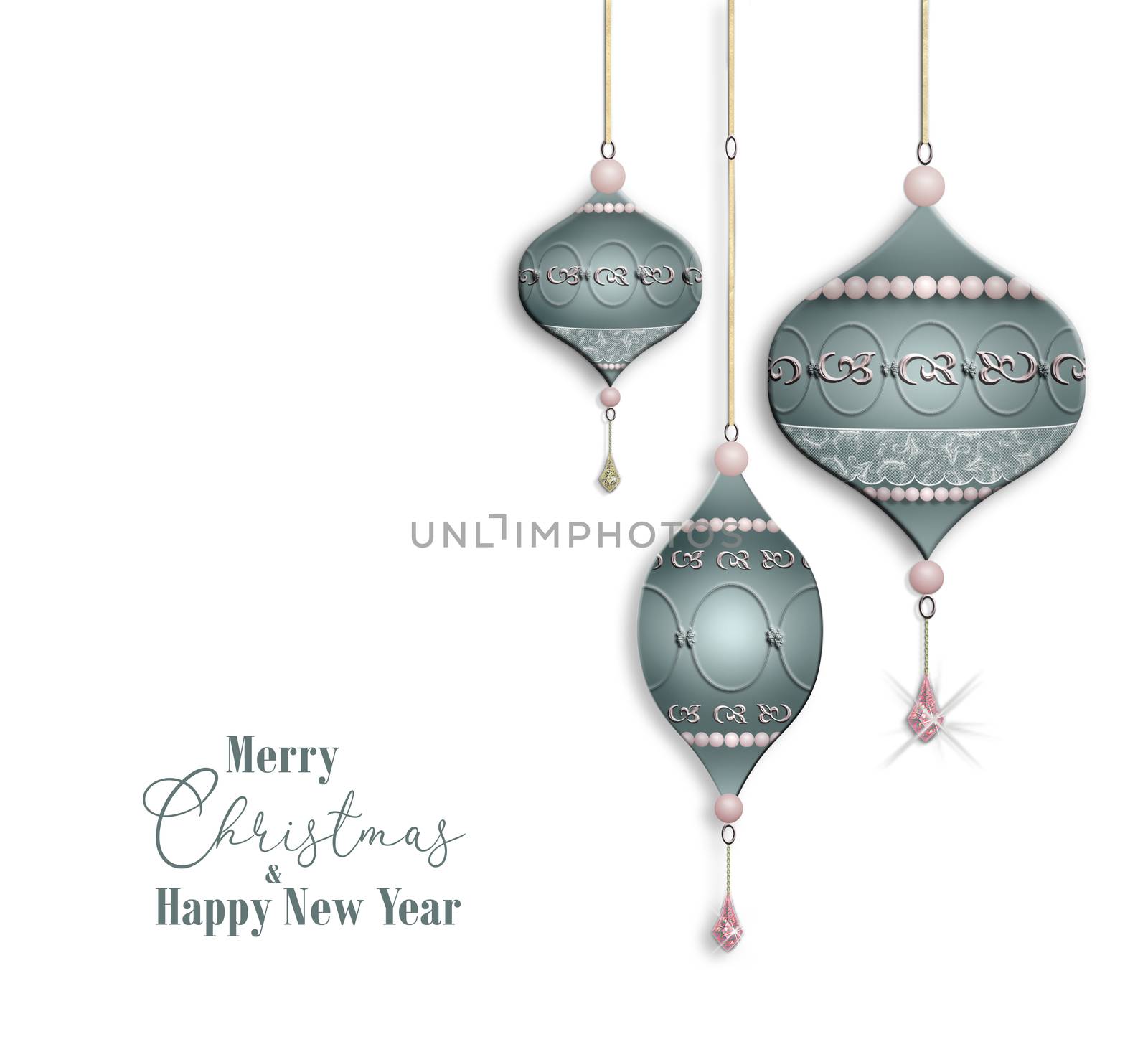 Luxury elegant Christmas 2021 New Year greeting with pastel green baubles balls with jewelry pink pearl decoration on white background. Text Merry Christmas Happy New Year. Copy space. 3D illustration