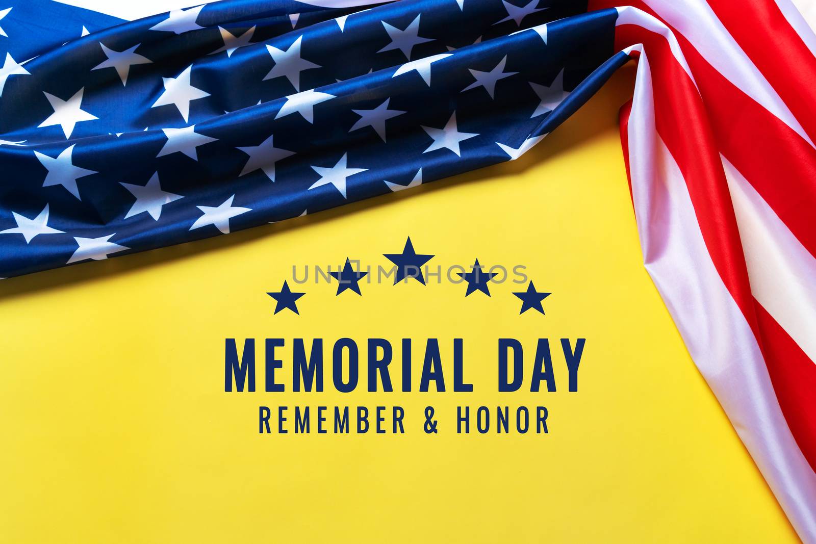 USA Memorial day and Independence day concept, United States of America flag on yellow background