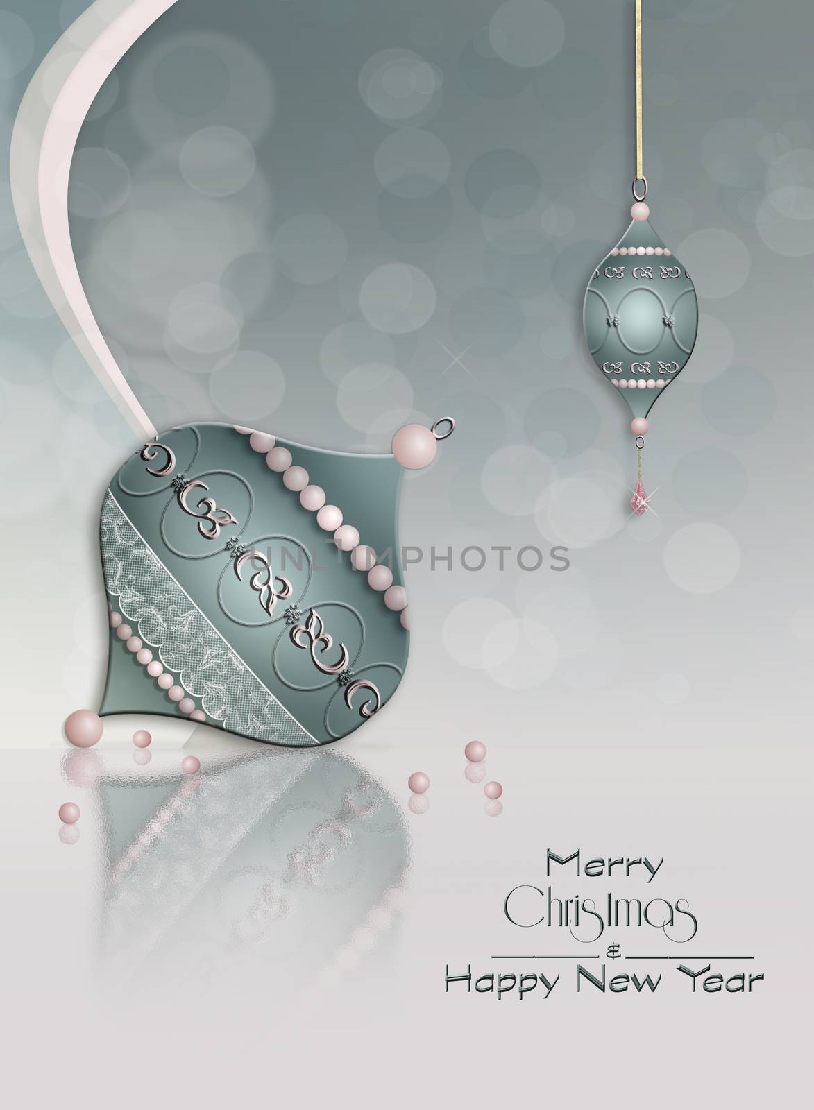Elegant background with beautifully decorated Christmas balls baubles with reflection. Text Merry Christmas Happy New Year. 3D illustration