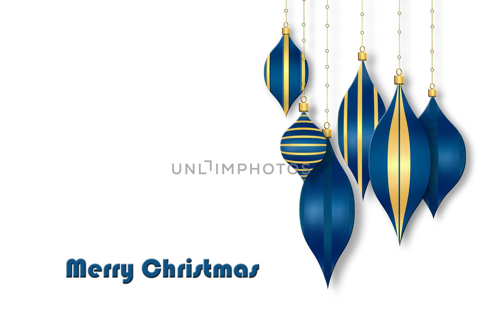 Christmas 3D illustration on white background. Text Merry Christmas, blue baubles and balls with gold ornament.