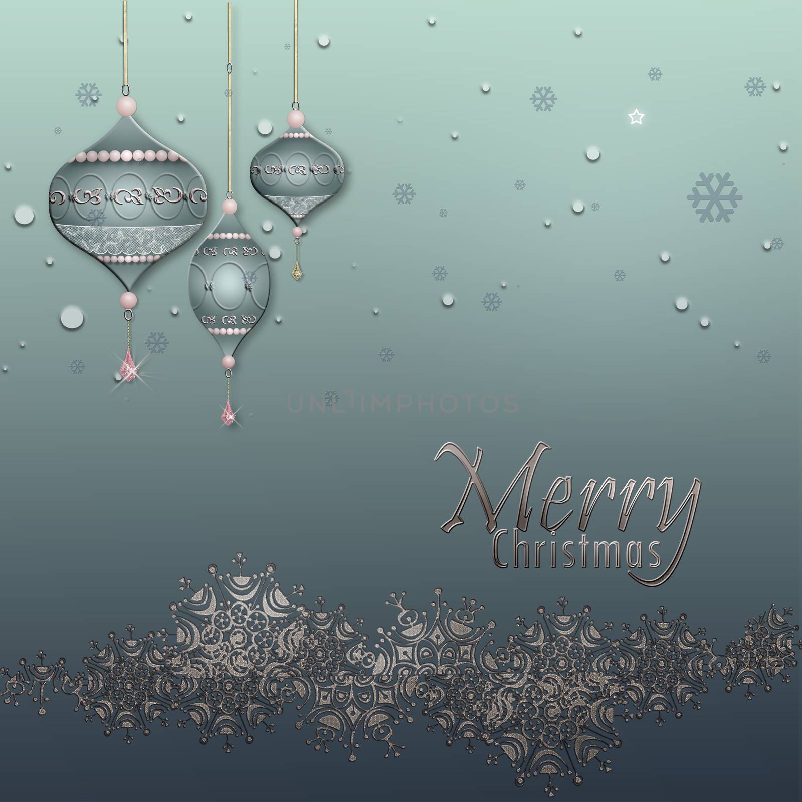 Christmas and Happy New Year Background with silver border of snowflakes, luxury blue baubles balls on pastel green metallic background. Text Merry Christmas. 3D illustration