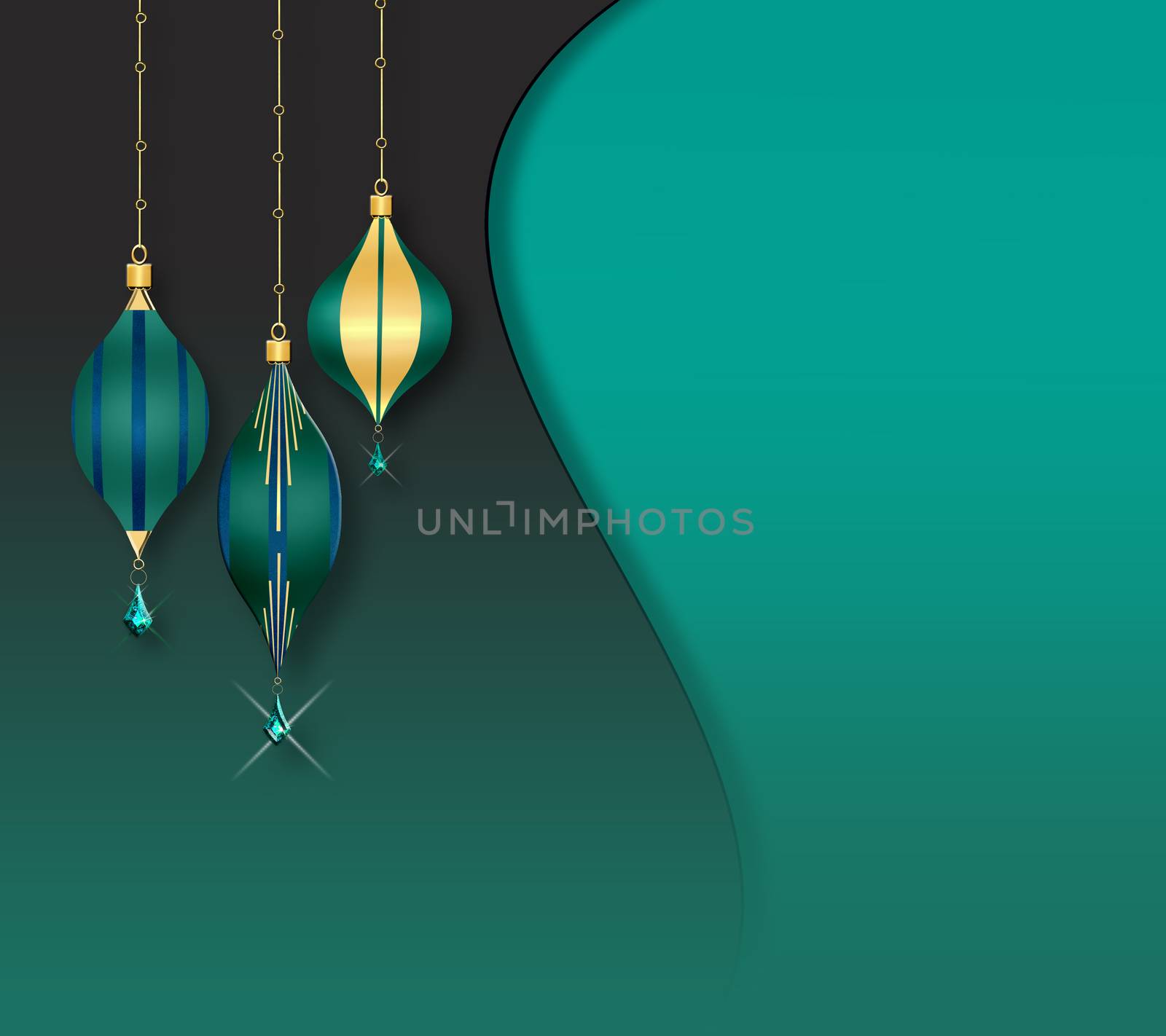 Elegant vintage green blue Christmas baubles with gold decor on green background. Copy space, mock up. 3D illustration