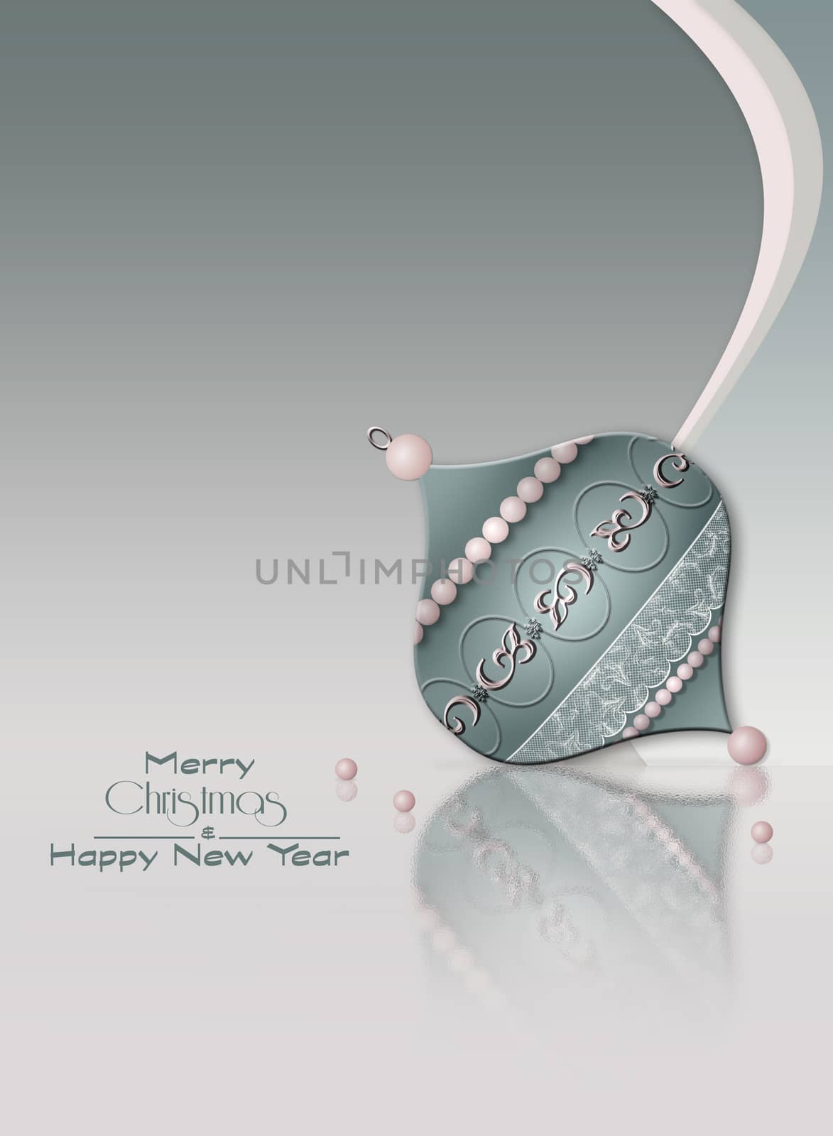 Luxury Christmas New Year background with bauble decorated with jewelry pink pearls on reflection on pastel grey background. Text Merry Christmas Happy New Year. Copy space, mock up. 3D illustration
