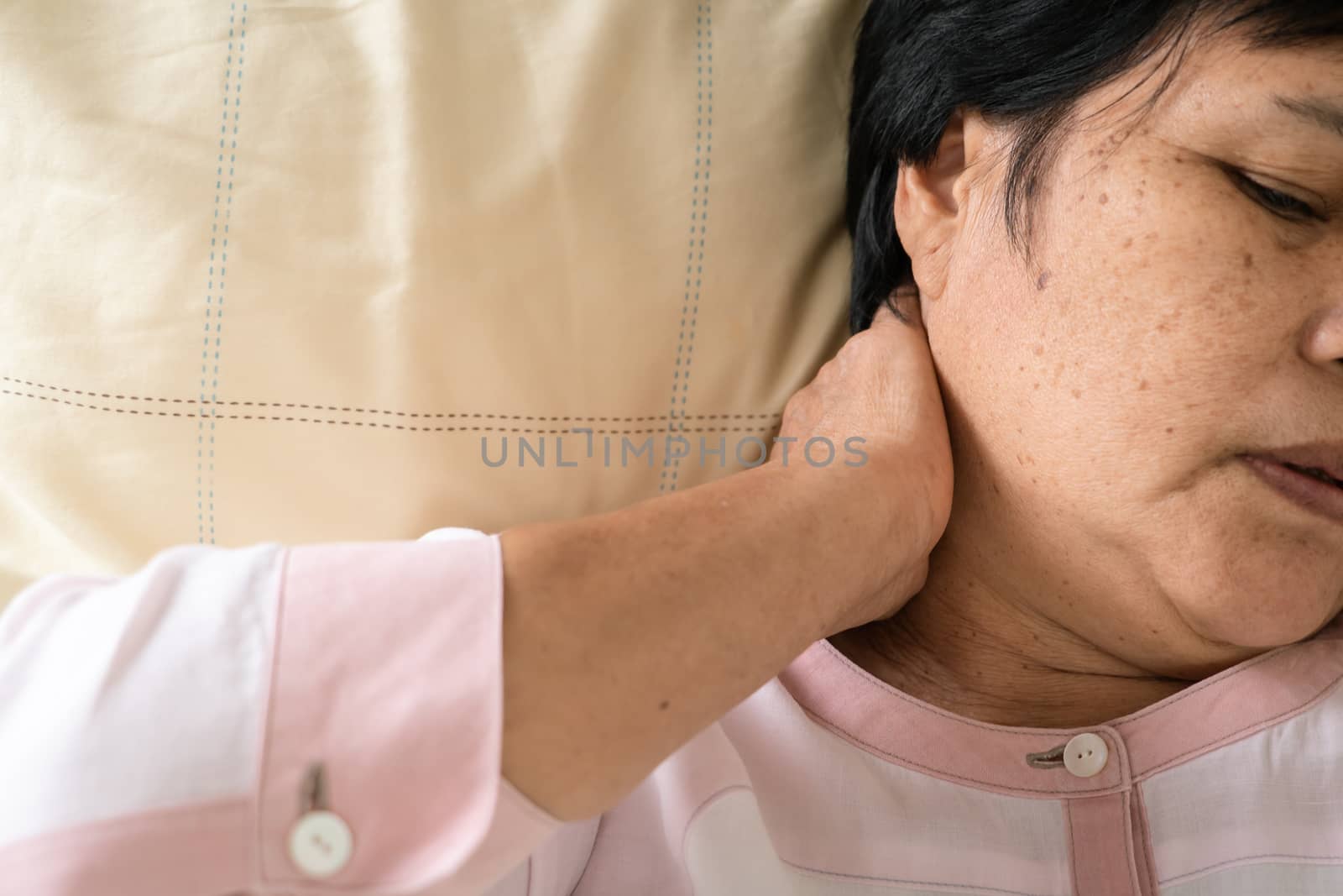 neck and shoulder pain of old woman, healthcare problem of senior concept