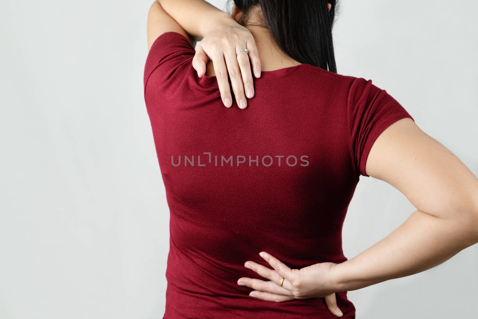 neck and back pain, young women injury, healthcare and medical concept