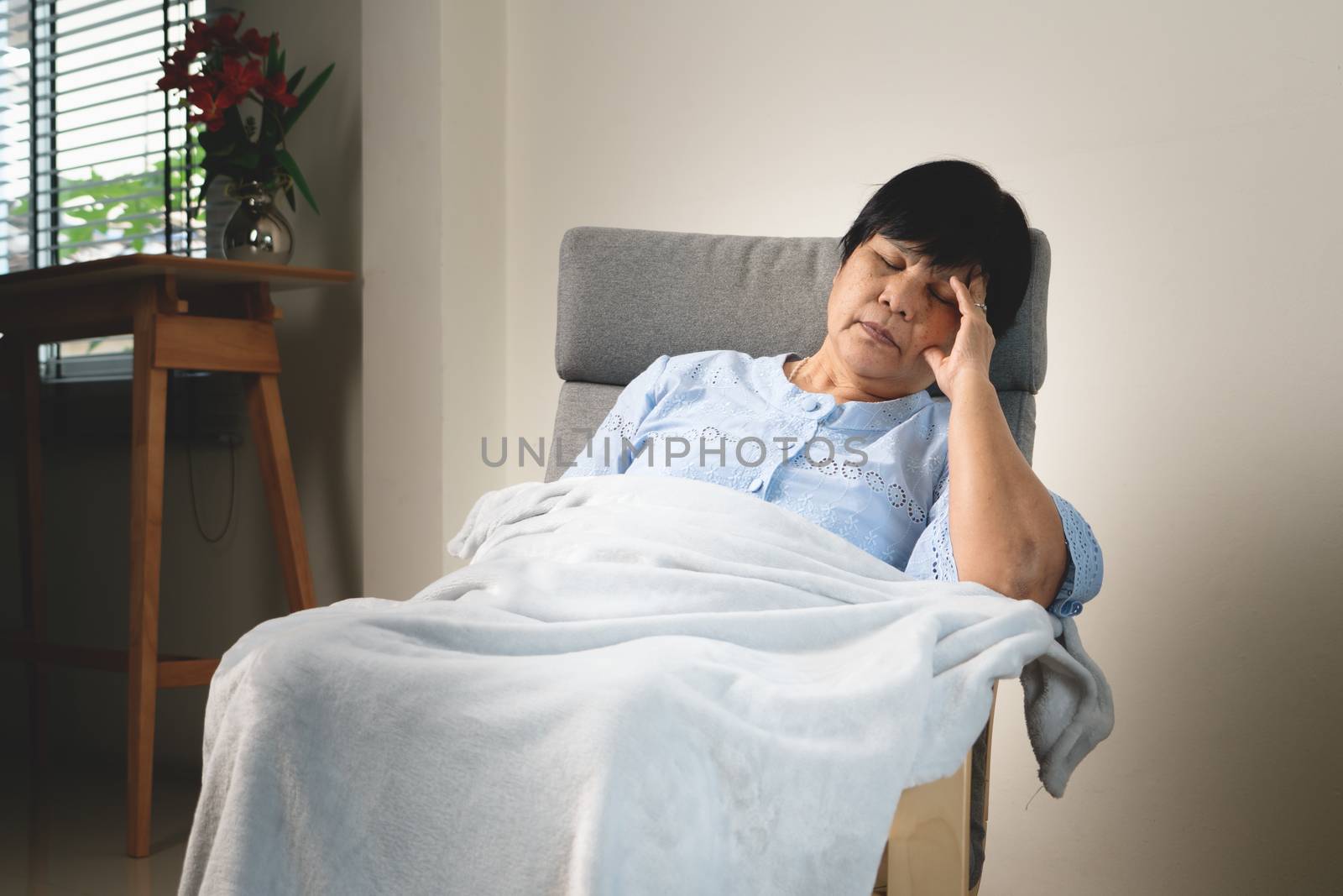 headache, stress, migraine of old woman, healthcare problem of senior concept