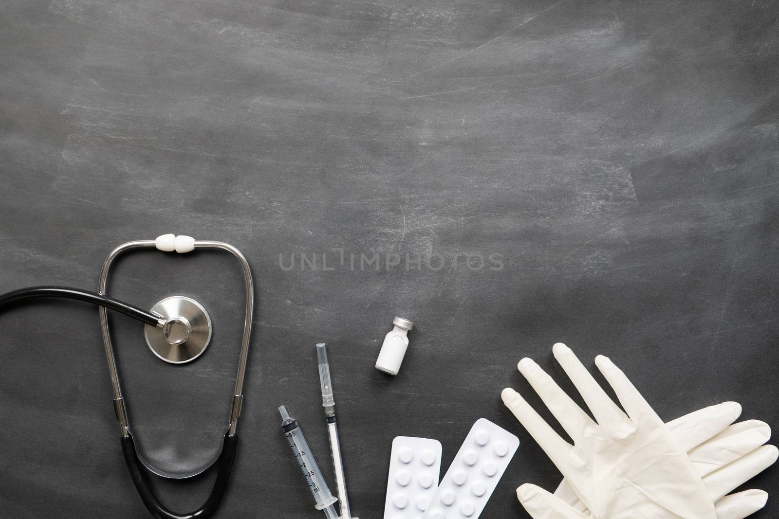 Healthcare medical insurance with vaccine, syringe, stethoscope and medical supplies