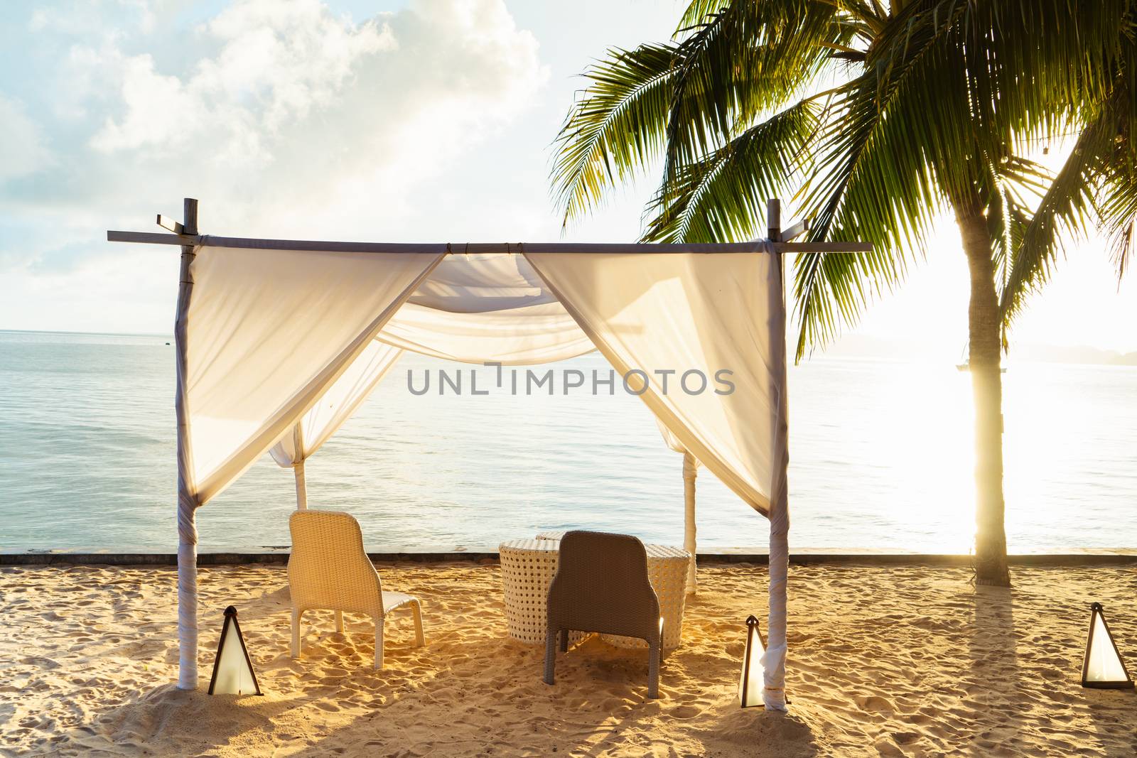 Beautiful beach. Chairs on the  beach font near the sea. Summer holiday and vacation concept