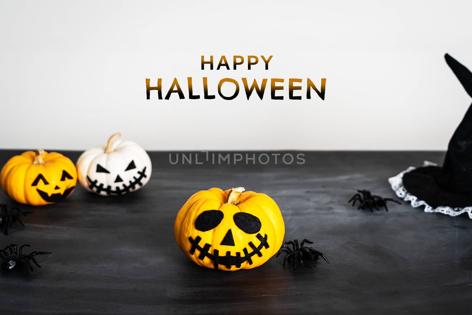 Happy Halloween, horror pumpkin and scary spider on black backgr by psodaz