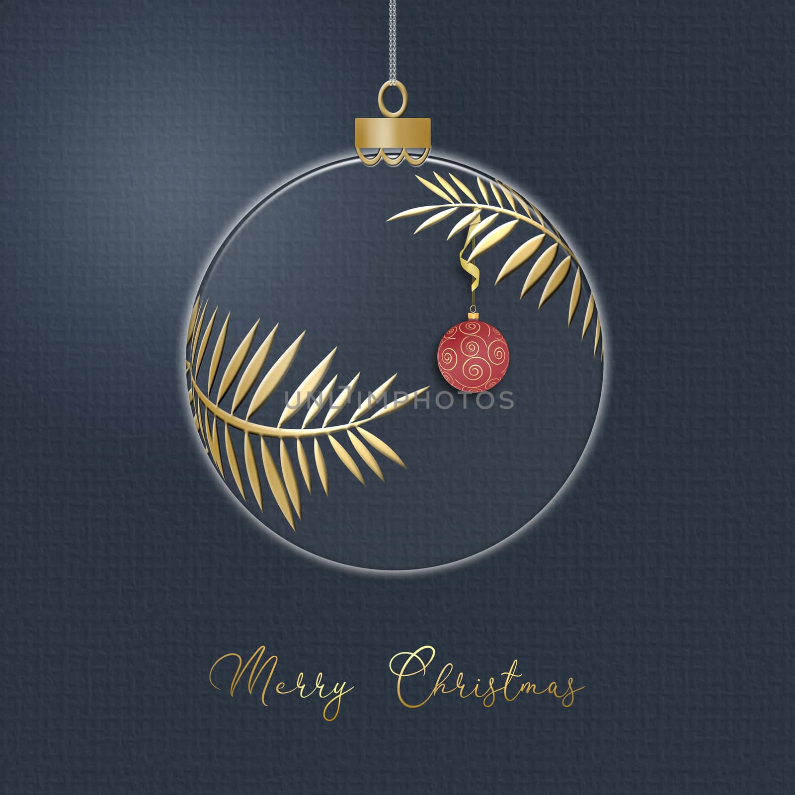 Hanging Christmas ball made of gold leaves with red lantern with gold ornament on blue background. Minimalist greeting 2021 New Year card. Merry Christmas text. 3D illustration