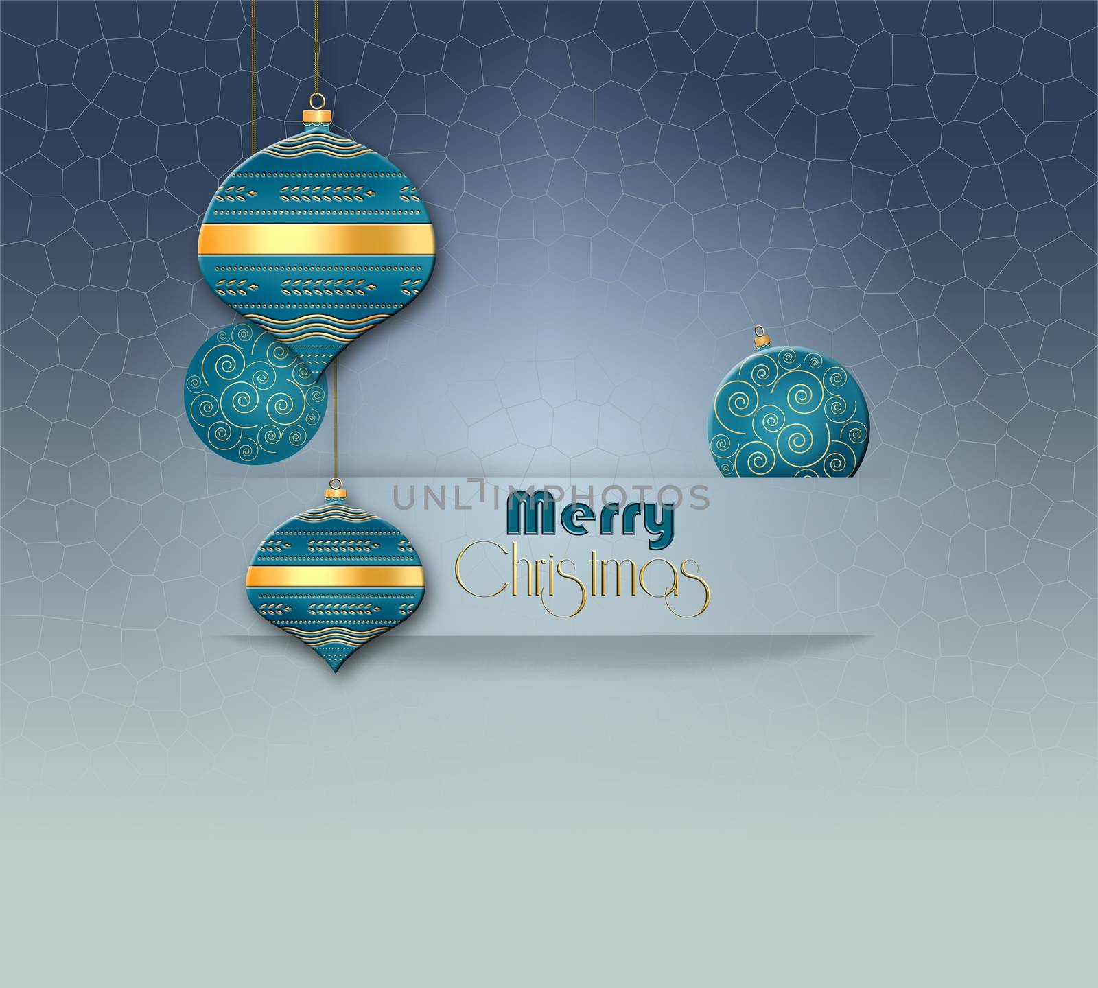 Elegant Christmas 2021 New year background with hanging turquoise blue balls with gold ornament in paper stripe on pastel blue background. Copy space, 3D illustration
