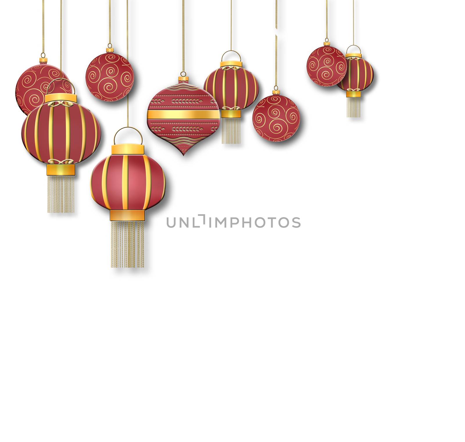 Hanging Chinese traditional lanterns and redf Christmas balls with gold ornament on white background. Place for text, copy space, mock up. 3D illustartion