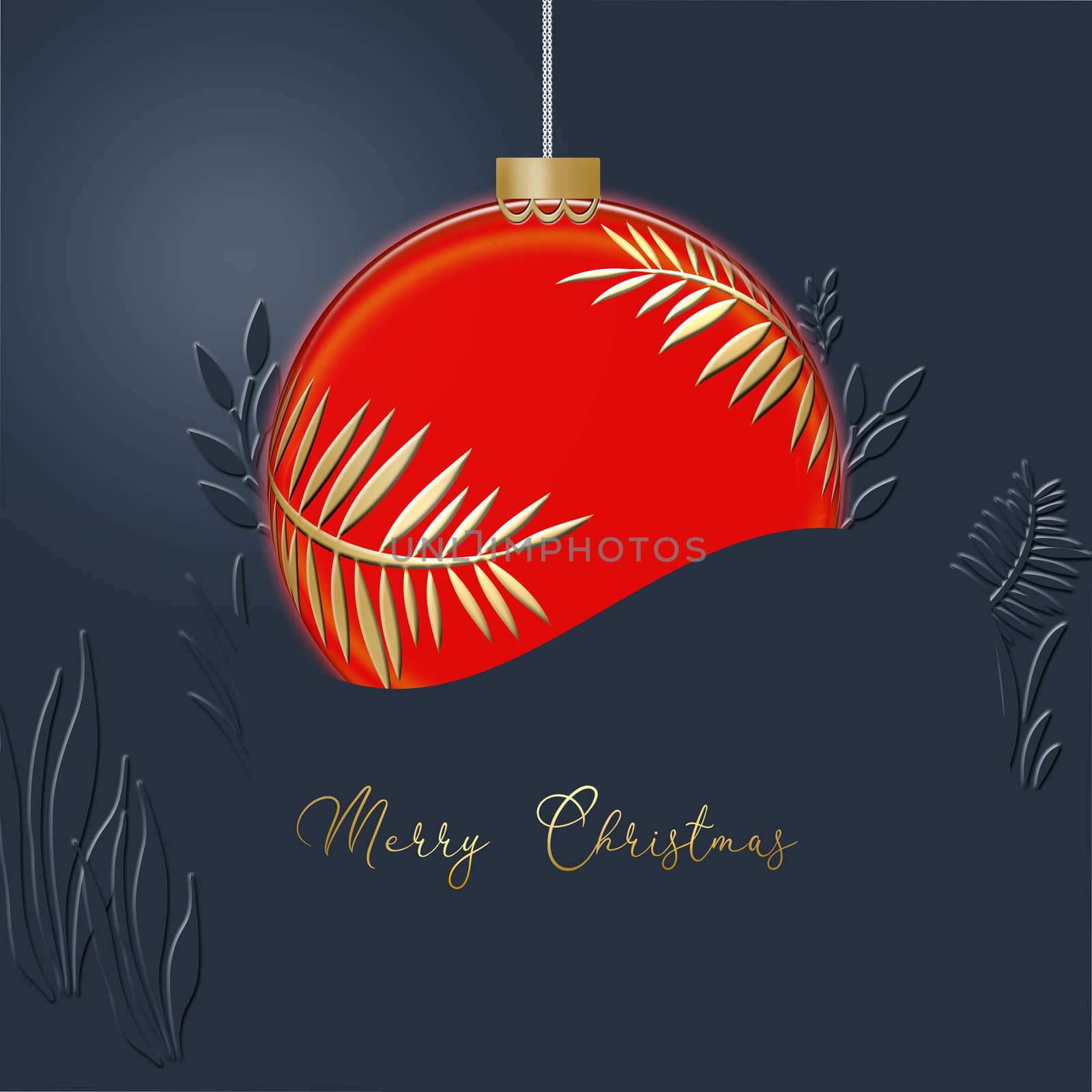 Hanging red Christmas ball made of gold leaves on blue background. Minimalist greeting 2021 New Year card. Gold text Merry Christmas. 3D illustration