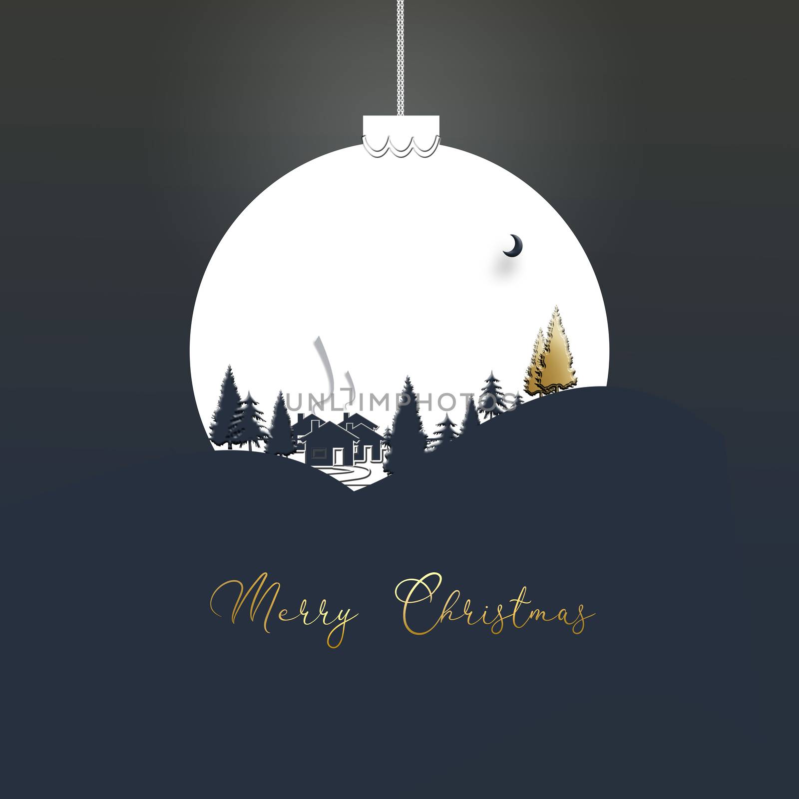 Winter landscape with houses, trees, firs in a white Christmas ball on blue background. Text Merry Christmas. 3D illustration