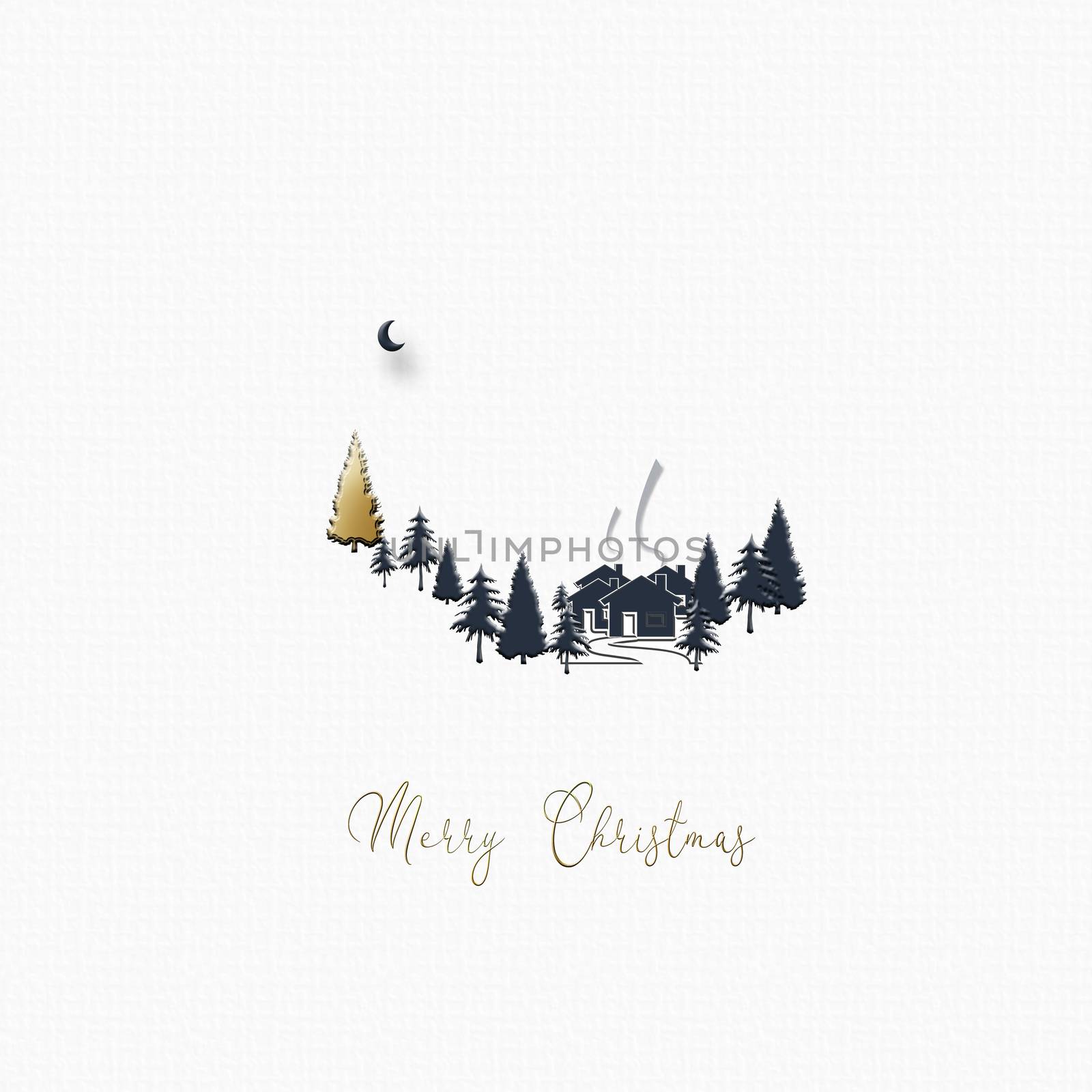 Beautiful minimalist Christmas 2021 New Year winter landscape with houses, moon, pine fir and gold Christmas tree on white background. Text Merry Christmas. Design, poster. 3D Illustration