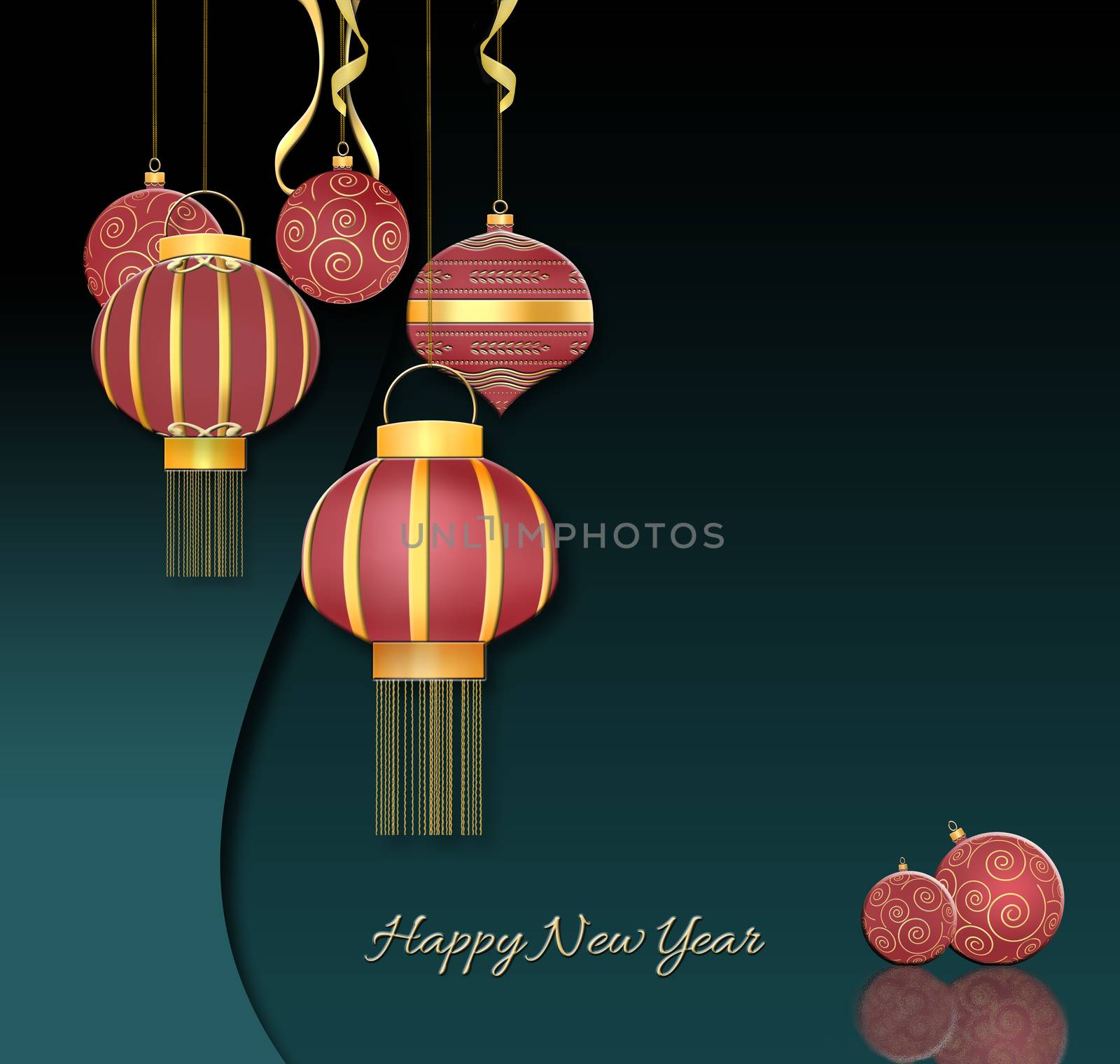 Red balls with gold ornament, Chinese style hanging red lanterns with confetti on dark green background. Chirstmas 2021 New Year card. Text Happy New Year. 3D illustration