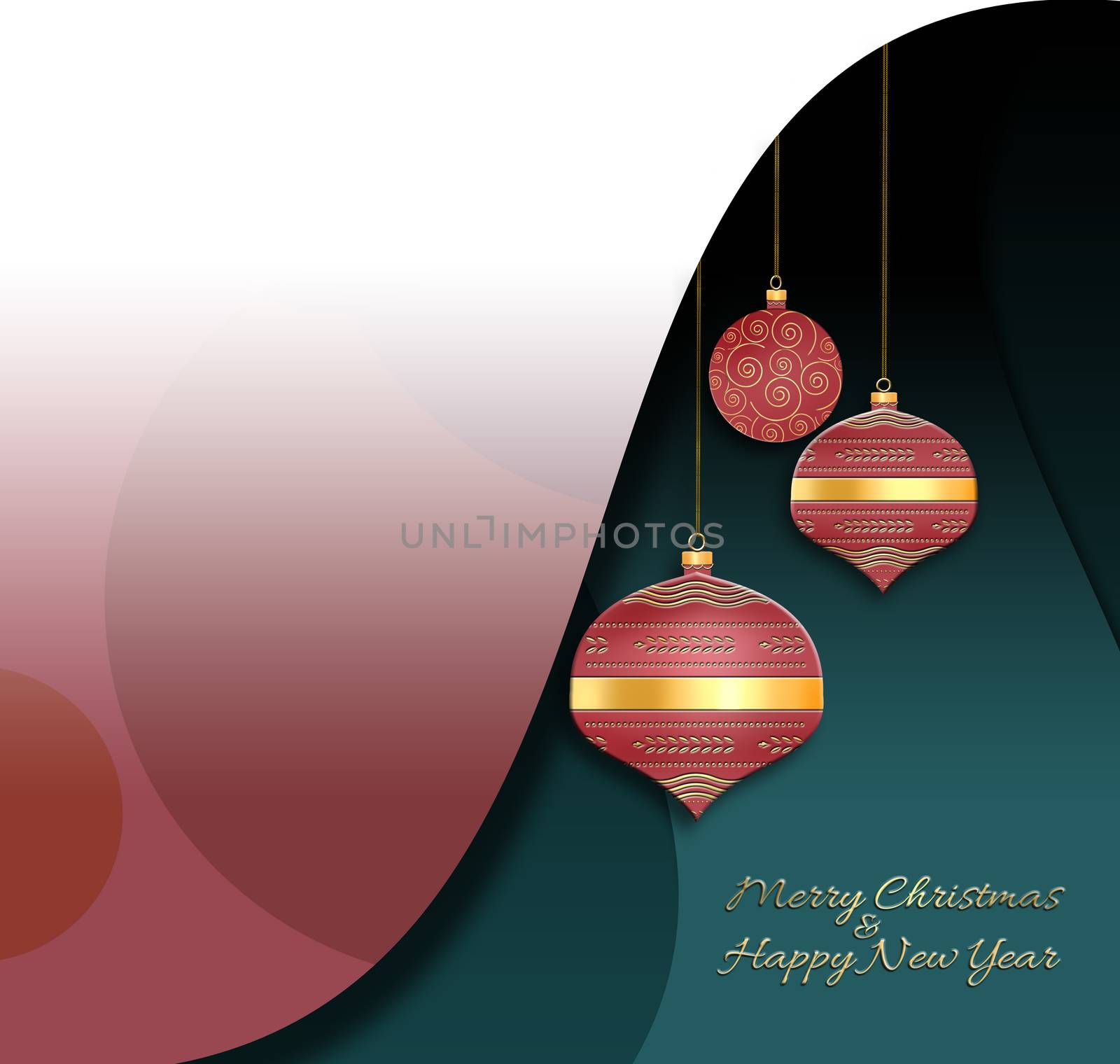 Elegant luxury Christmas 2021 New Year Background with hanging red lanterns with gold ornament on green dusty pink background. Mock up. 3D illustration
