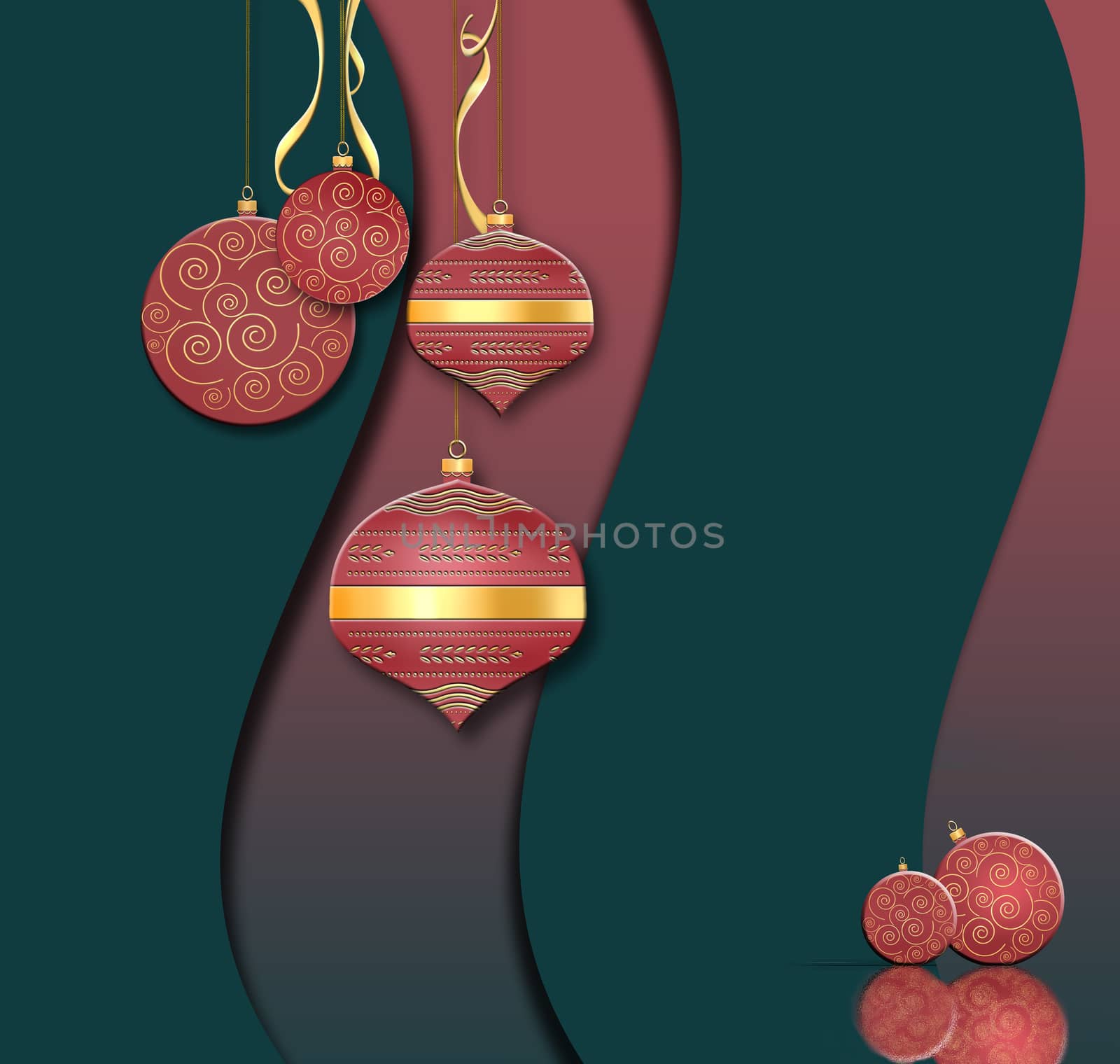 Luxury Christmas and 2021 New Year balls background in Chinese style. Hanging red baubles with gold decor on black green red background. Text Happy New year. 3D illustration
